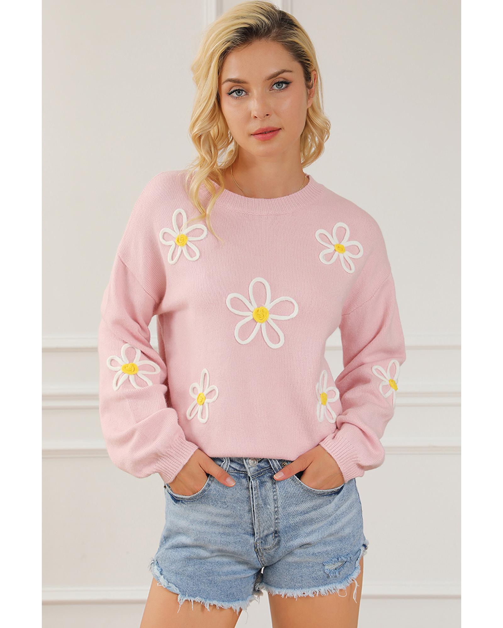 V539-AZEXDC2723852-P10-XL-202508292200-00 Pink Chenille Daisy Stitching Crew Neck Sweater - XL - Image 1