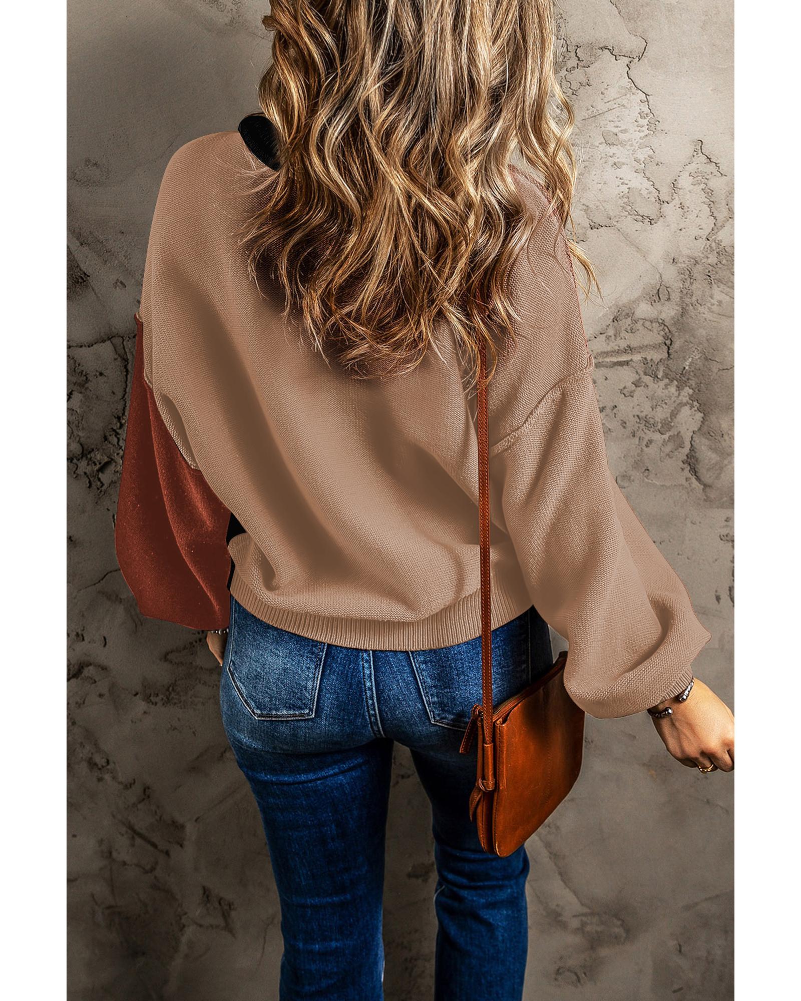 V539-AZEXDC2723854-P2-XL-202508300500-00 Black Colorblock Bishop Sleeve Ribbed Trim Sweater - XL - Image 1