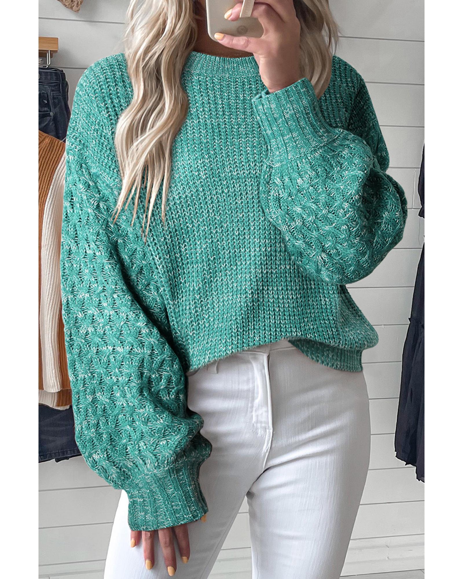 V539-AZEXDC2723882-P409-XL-202508300645-00 Sea Green Cable Knit Sleeve Drop Shoulder Sweater - XL - Image 1