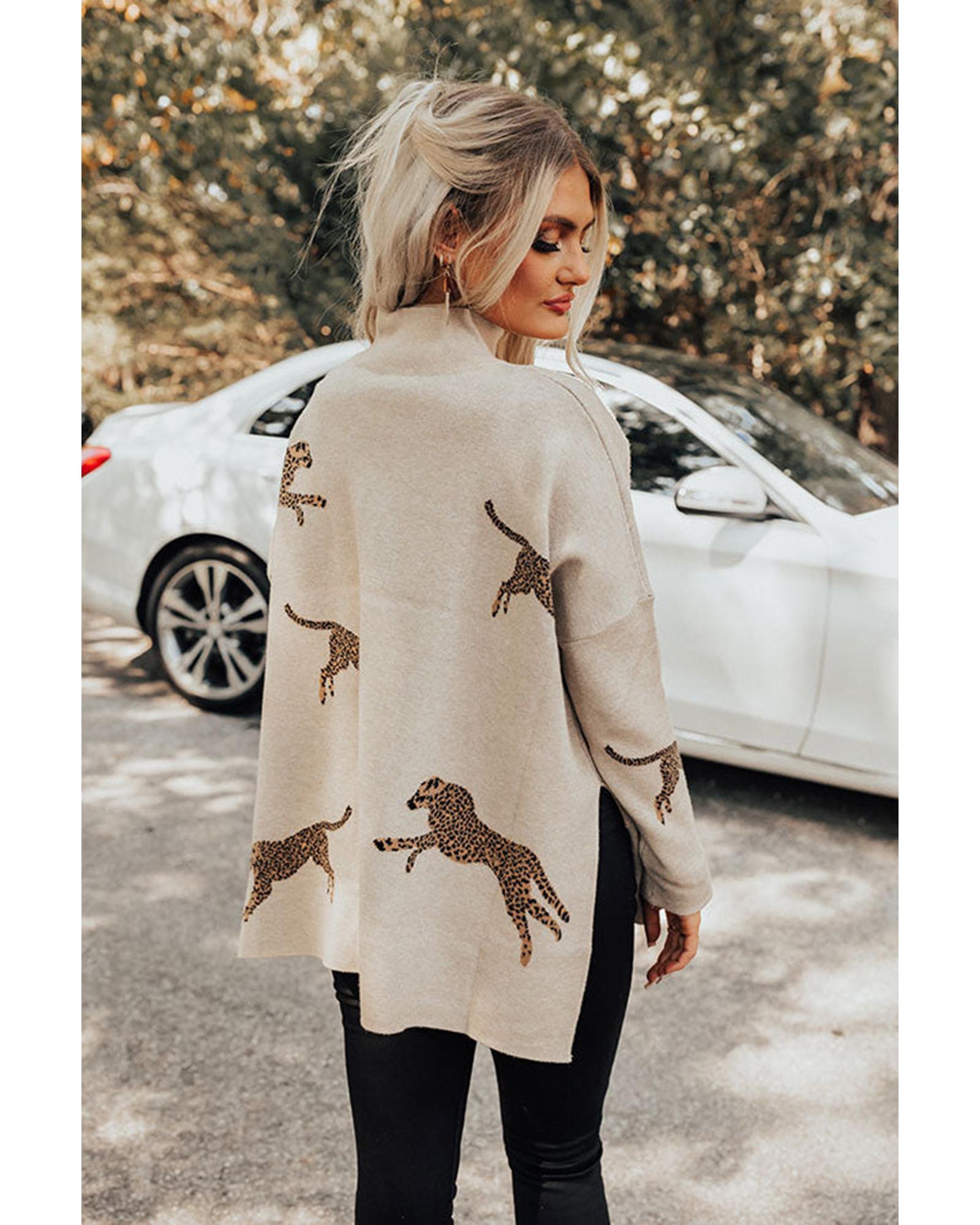V539-AZEXDC2723992-P6016-M-202508280350-00 Parchment Lively Cheetah Print High Neck Split Hem Sweater - M - Image 1
