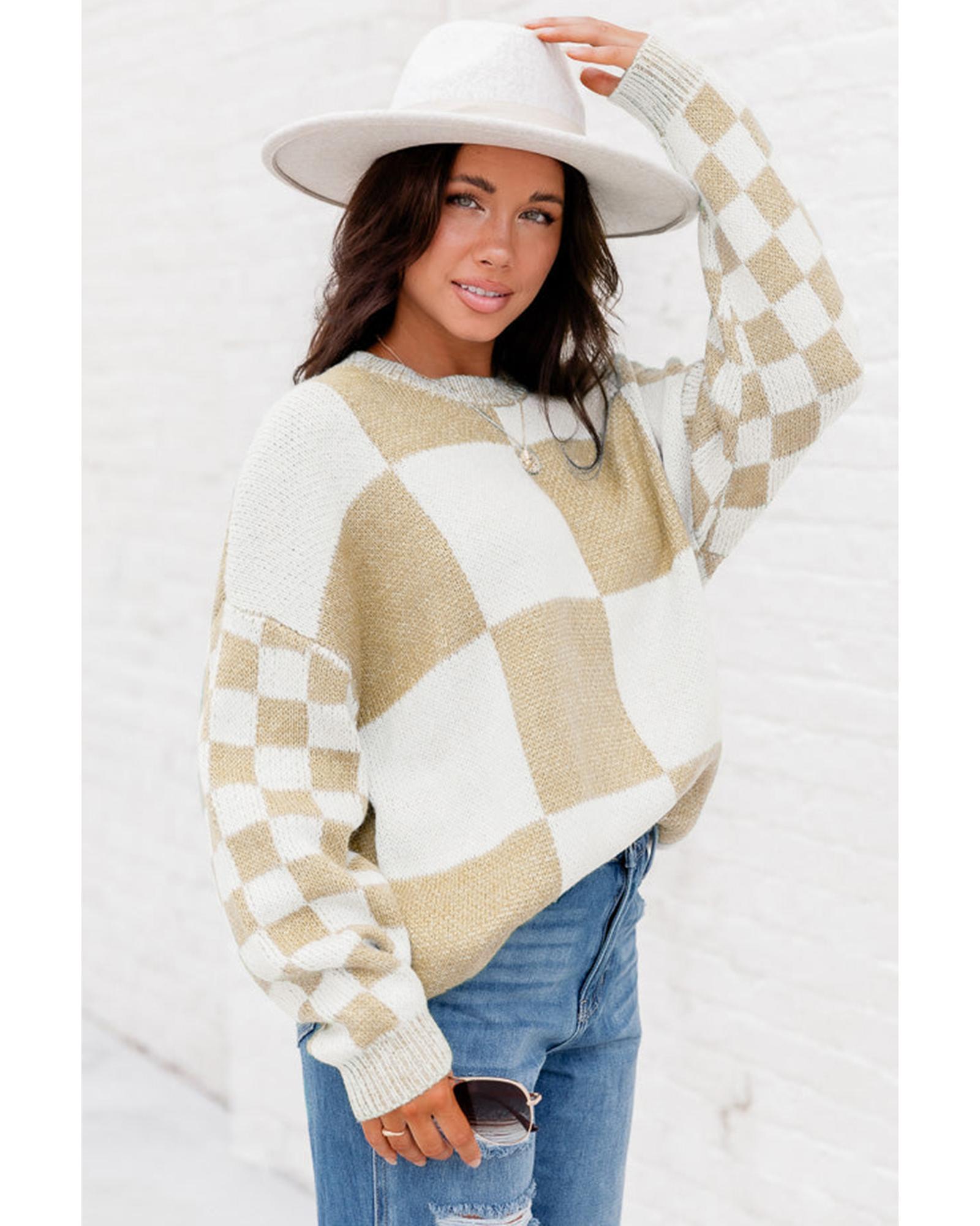 V539-AZEXDC2724011-P4016-L-202506140220-00 Flaxen Checkered Print Drop Shoulder Sweater - L - Image 1