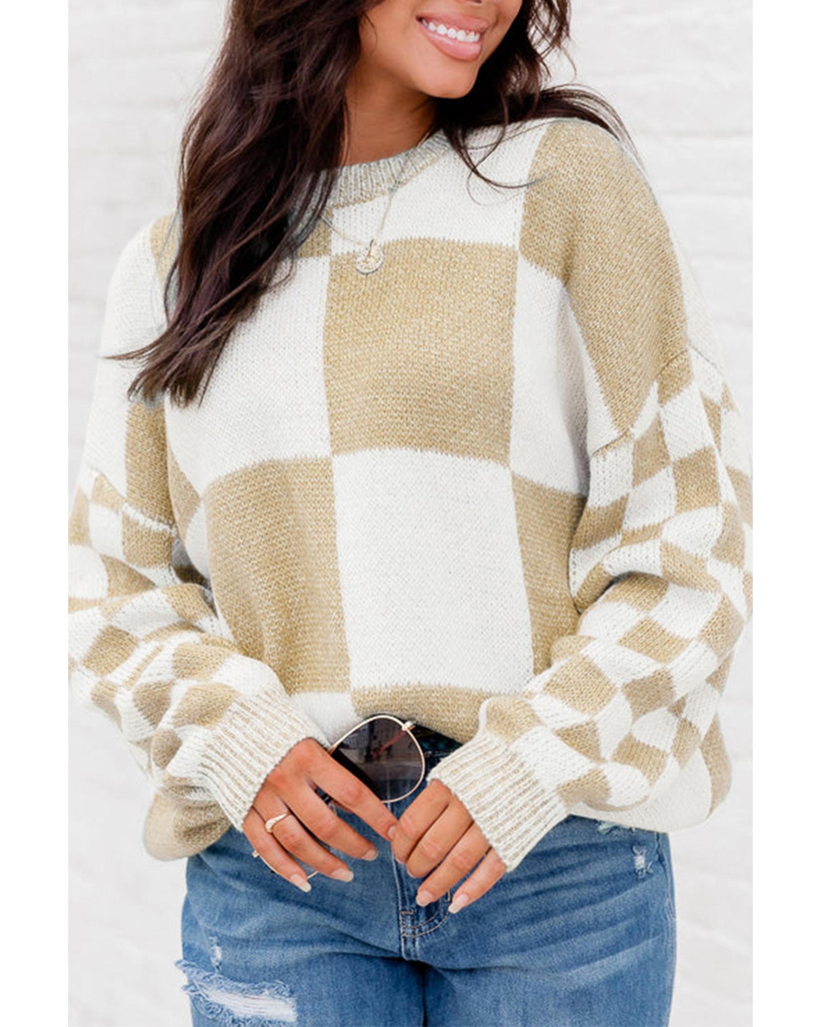V539-AZEXDC2724011-P4016-M-202508280950-00 Flaxen Checkered Print Drop Shoulder Sweater - M - Image 1