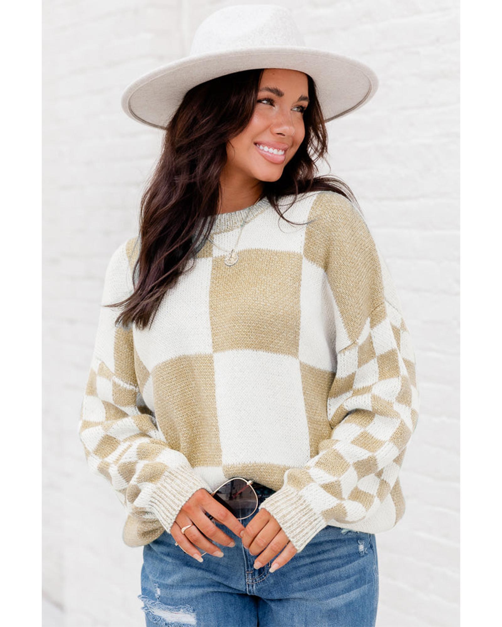 V539-AZEXDC2724011-P4016-XL-202508281310-00 Flaxen Checkered Print Drop Shoulder Sweater - XL - Image 1