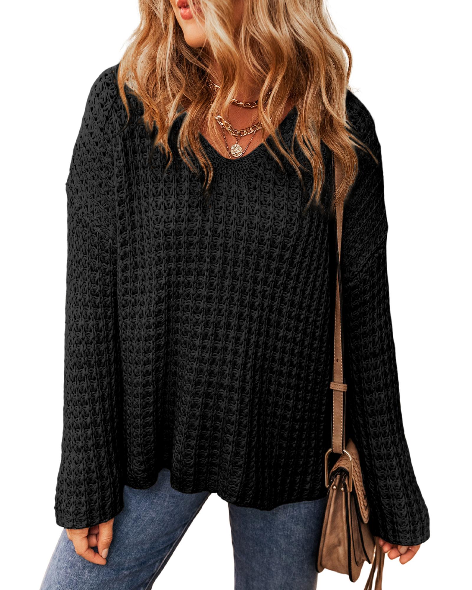 V539-AZEXDC2724017-P2-XL-202508282115-00 Black Hollow-out Crochet V Neck Sweater - XL - Image 1