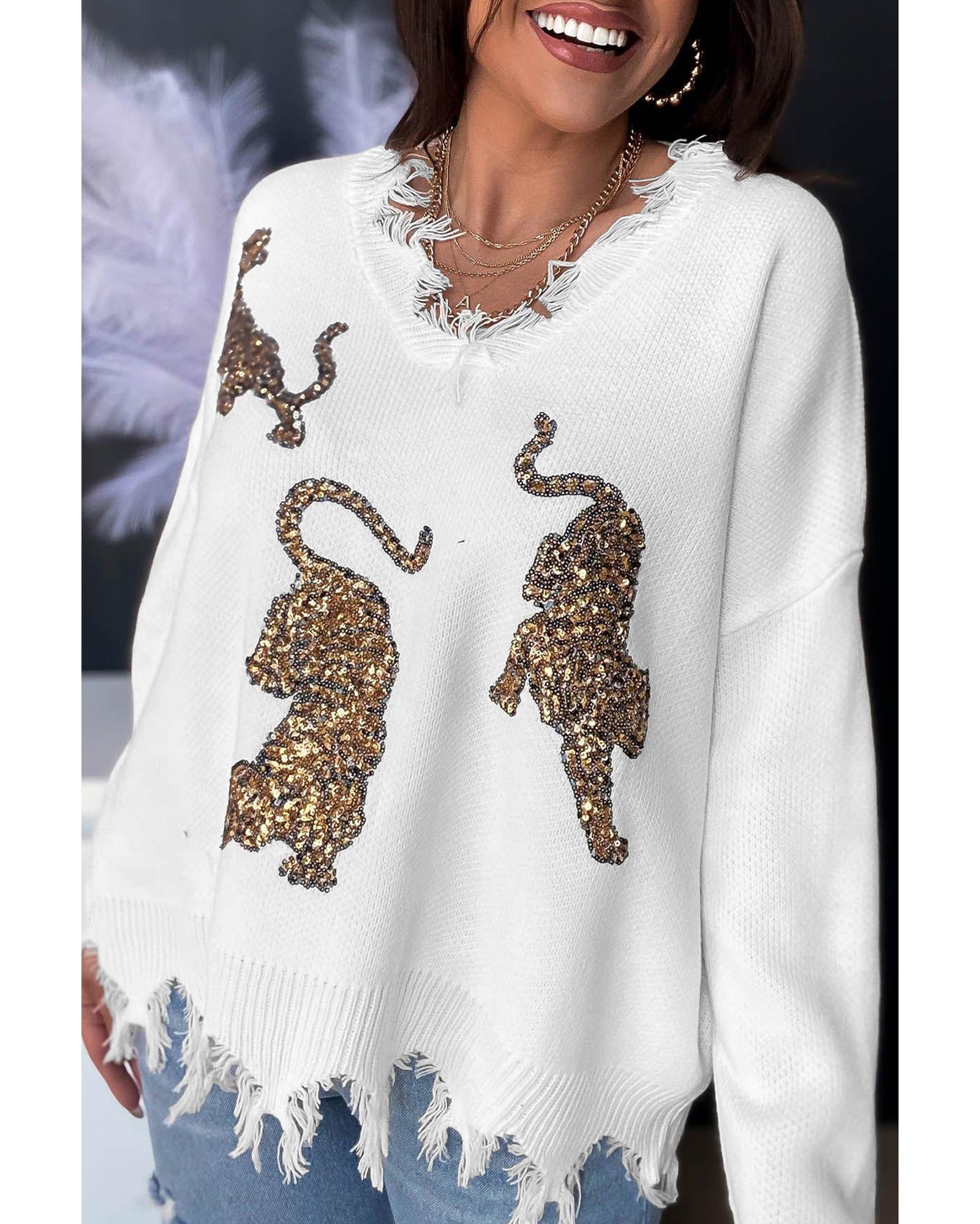 V539-AZEXDC2724033-P1-L-202506140226-00 White Frayed Sequin Tiger Sweater - L - Image 1