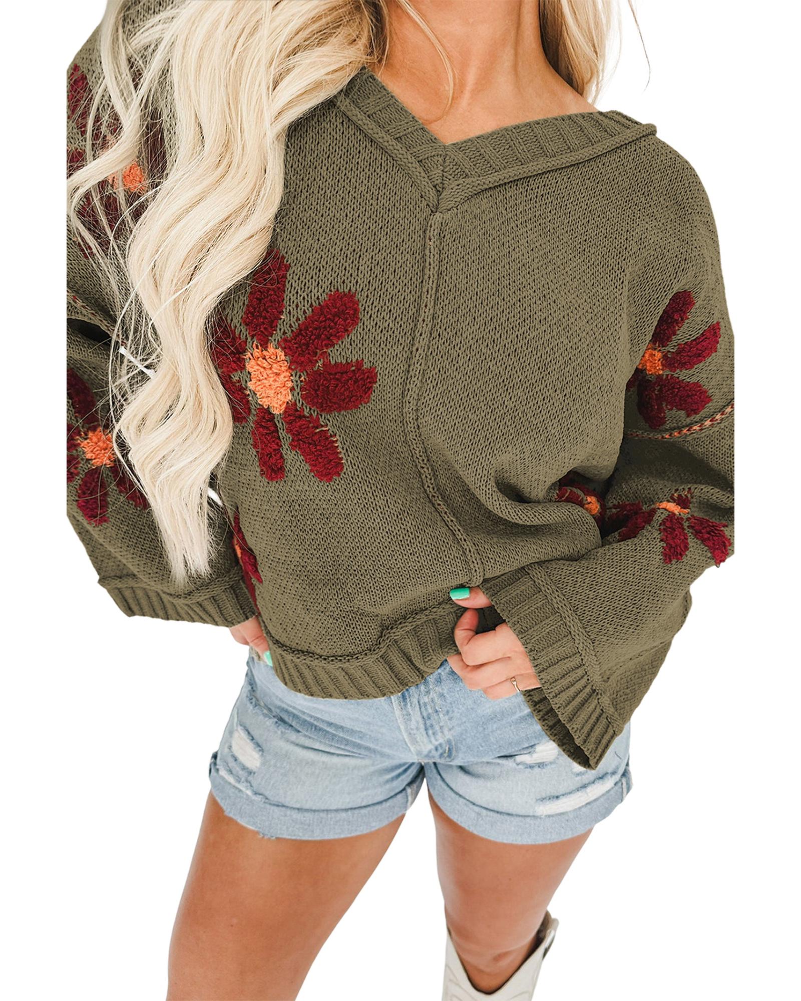 V539-AZEXDC2724057-P909-XL-202508292200-00 Sage Green Flower Knit Ribbed Trim V Neck Sweater - XL - Image 1