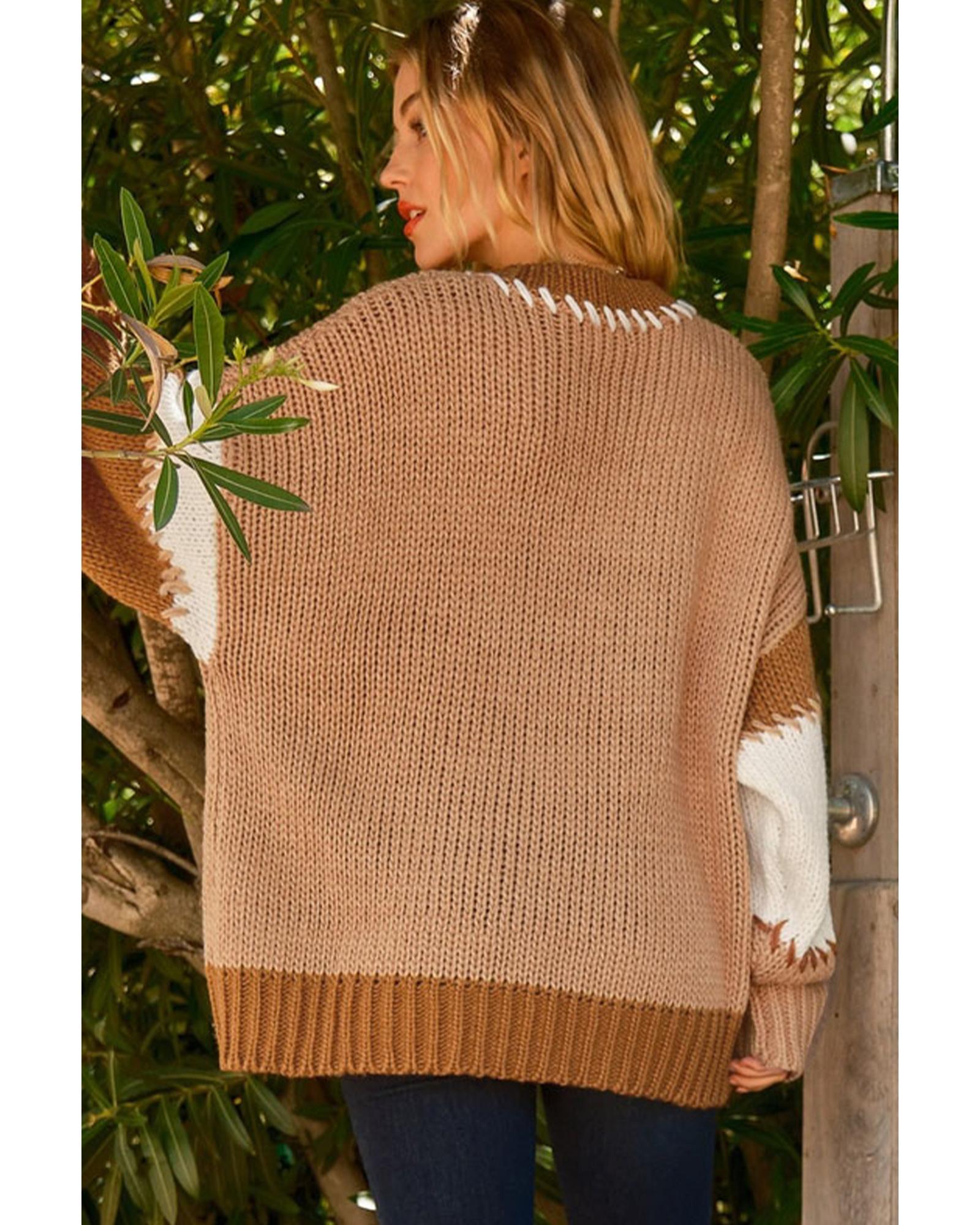 V539-AZEXDC2724180-P4016-M-202508281745-00 Light French Beige Color Block Contrast Stitch Oversized Sweater - M - Image 1