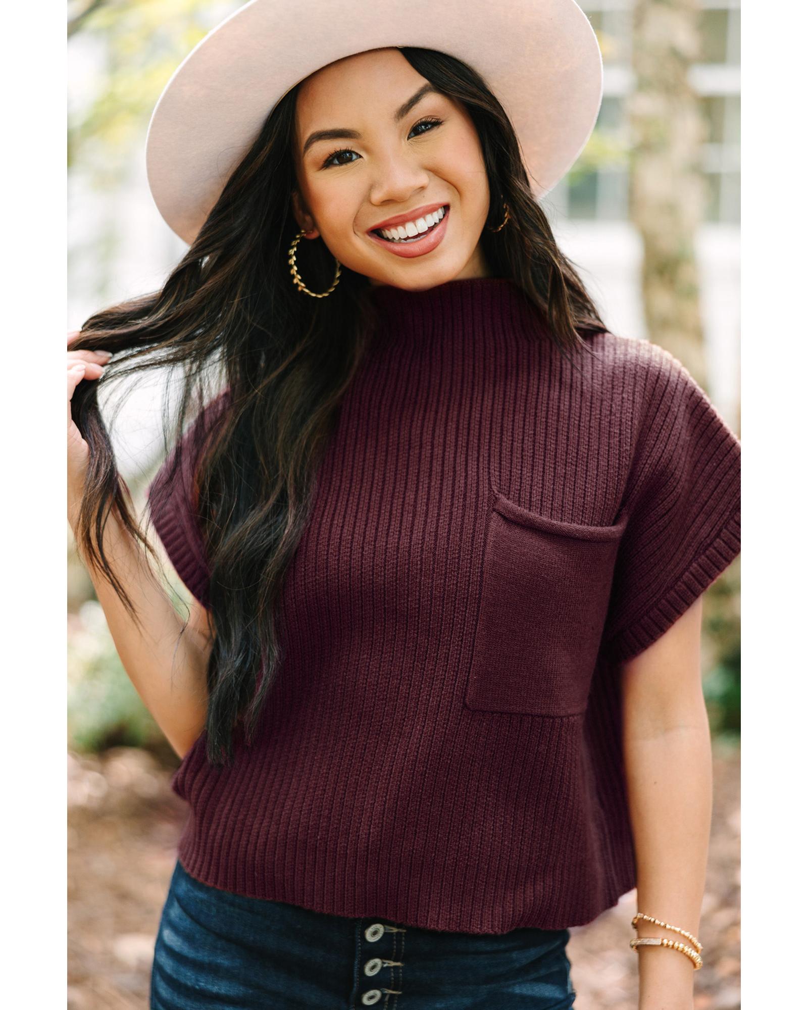 V539-AZEXDC2724250-P303-L-202508281030-00 Mineral Red Patch Pocket Ribbed Knit Short Sleeve Sweater - L - Image 1