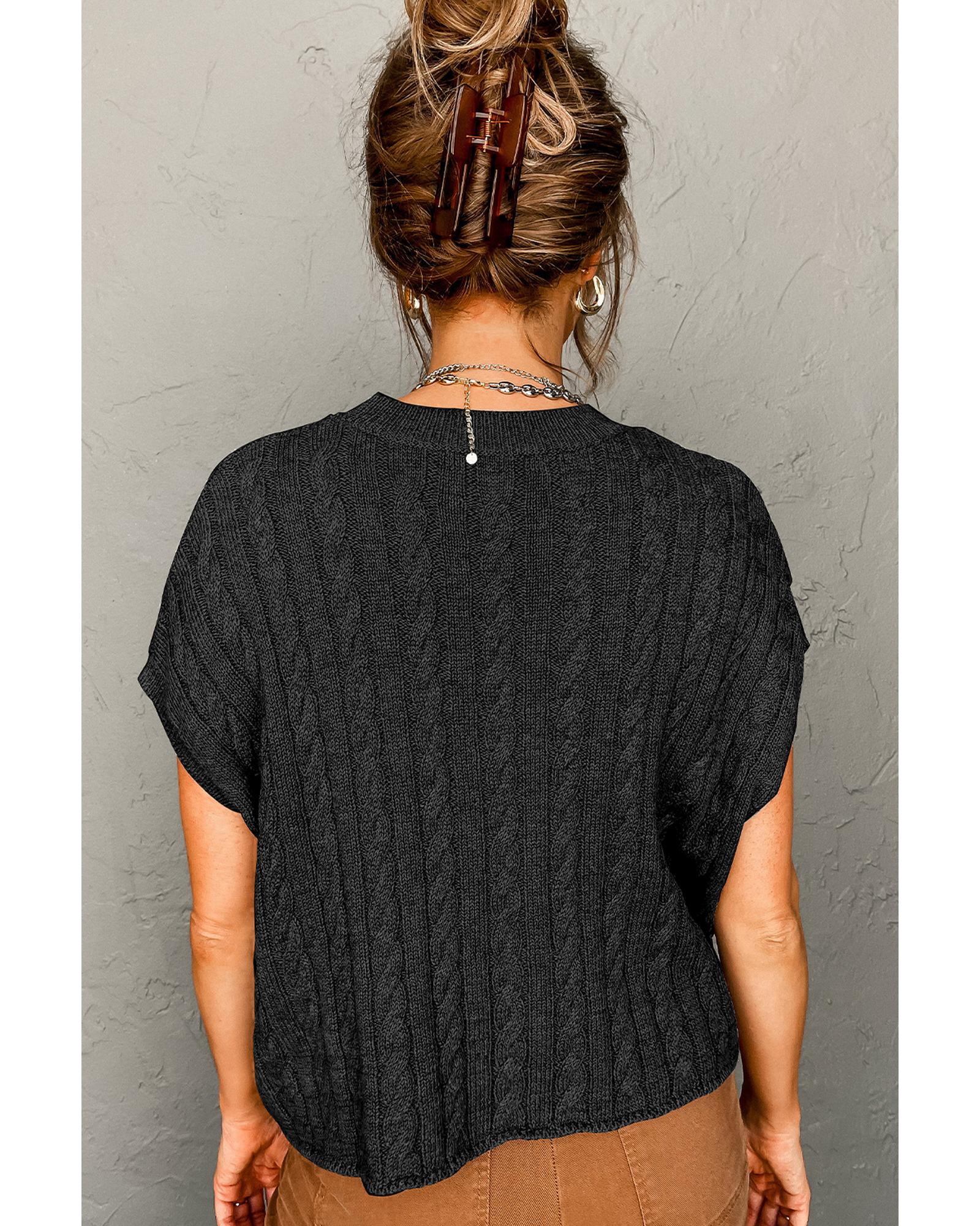 V539-AZEXDC2724323-P2-L-202506132322-00 Black Crew Neck Cable Knit Short Sleeve Sweater - L - Image 1