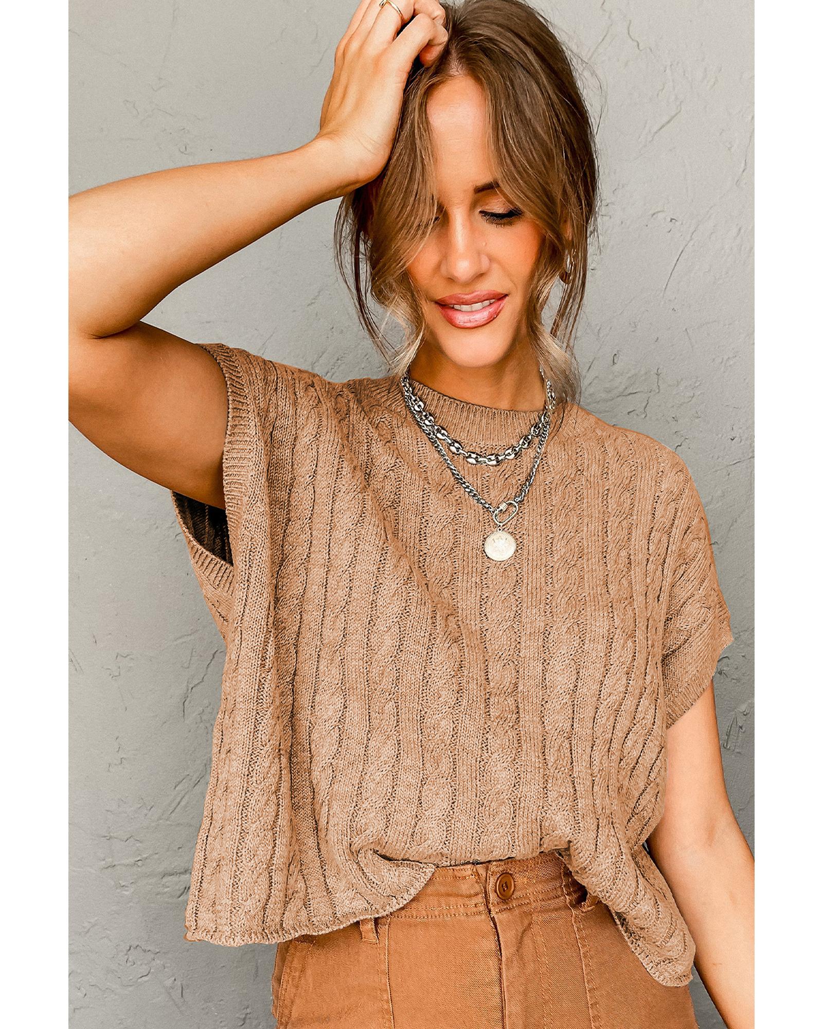 V539-AZEXDC2724323-P4016-M-202508281410-00 Light French Beige Crew Neck Cable Knit Short Sleeve Sweater - M - Image 1