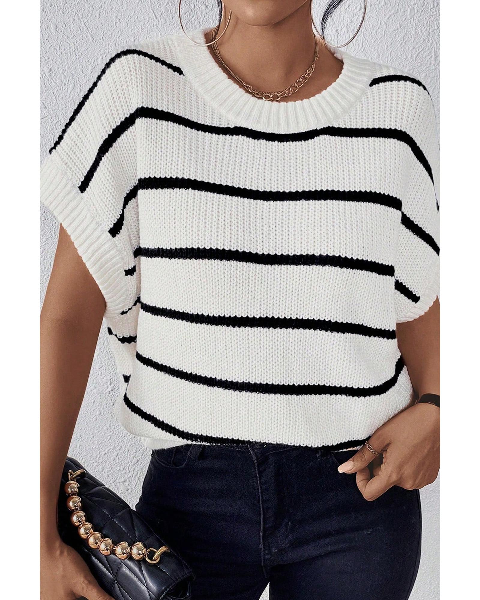 V539-AZEXDC2724402-P119-L-202506132342-00 White Stripe Striped Pattern Batwing Sleeve Sweater - L - Image 1