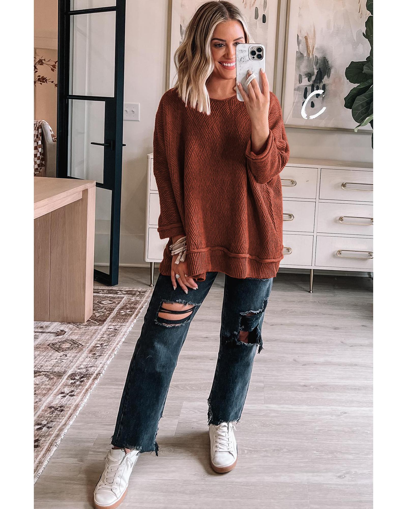 V539-AZEXDC2724403-P5014-L-202506132346-00 Gold Flame Solid Color Textured Crew Neck Loose Sweater - L - Image 1