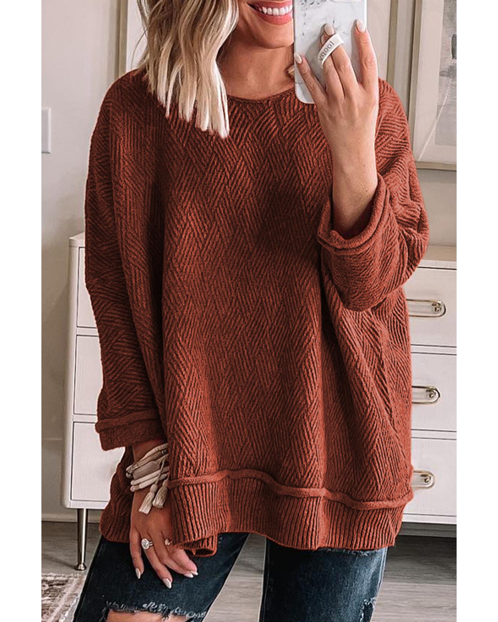V539-AZEXDC2724403-P5014-M-202508280635-00 Gold Flame Solid Color Textured Crew Neck Loose Sweater - M - Image 1
