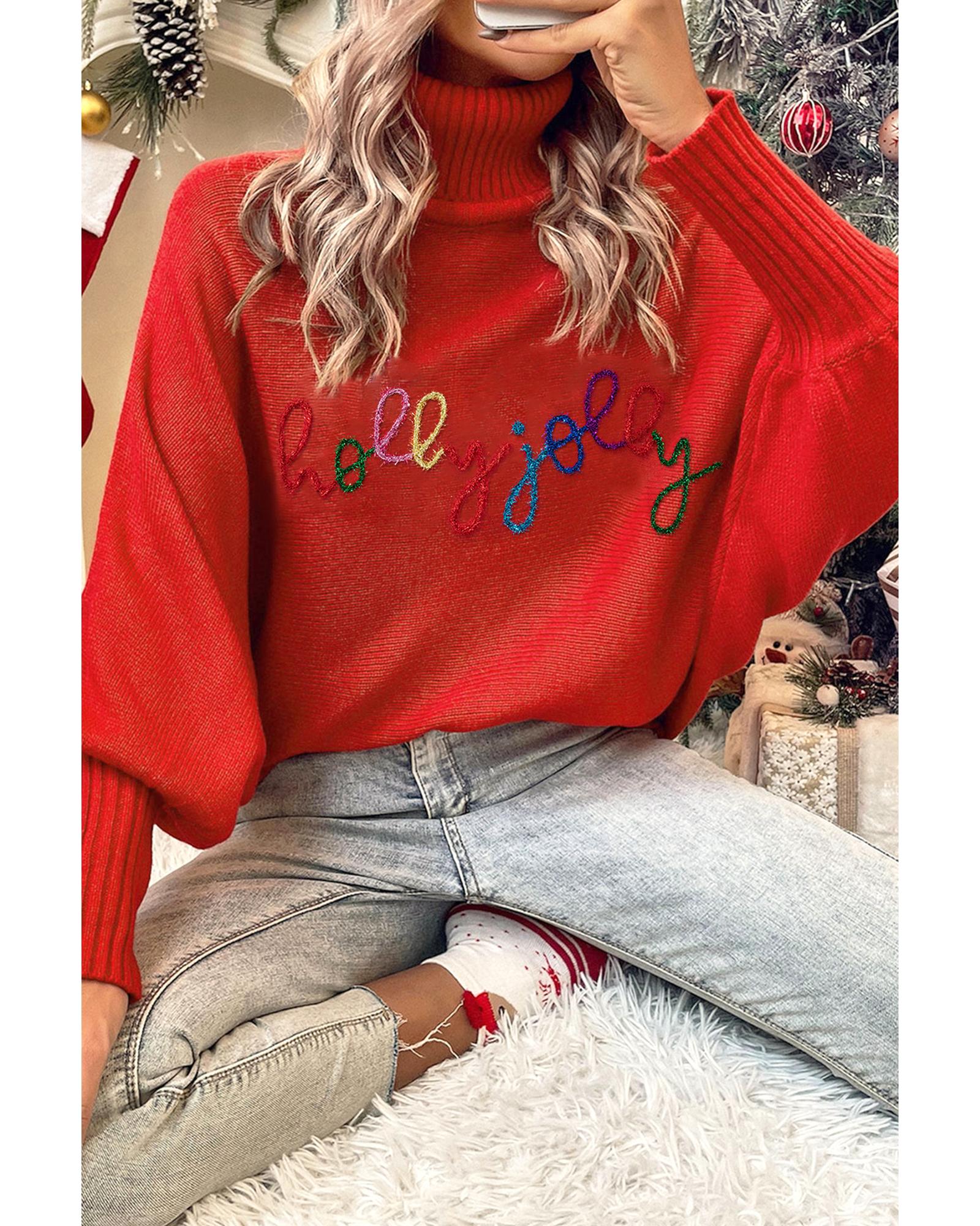 V539-AZEXDC2724459-P3-M-202506140012-00 Fiery Red Christmas Holly Jolly Tinsel Graphic High Neck Sweater - M - Image 1