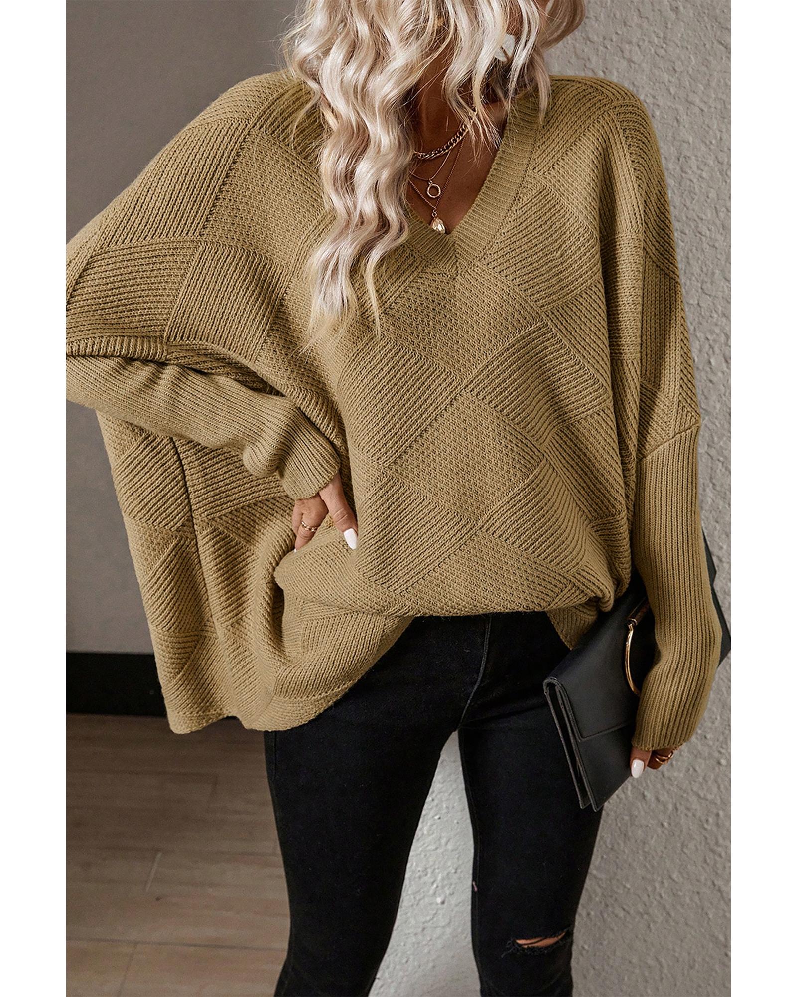V539-AZEXDC2724486-P1016-L-202508292310-00 Camel Checkered Textured Batwing Sleeve Sweater - L - Image 1