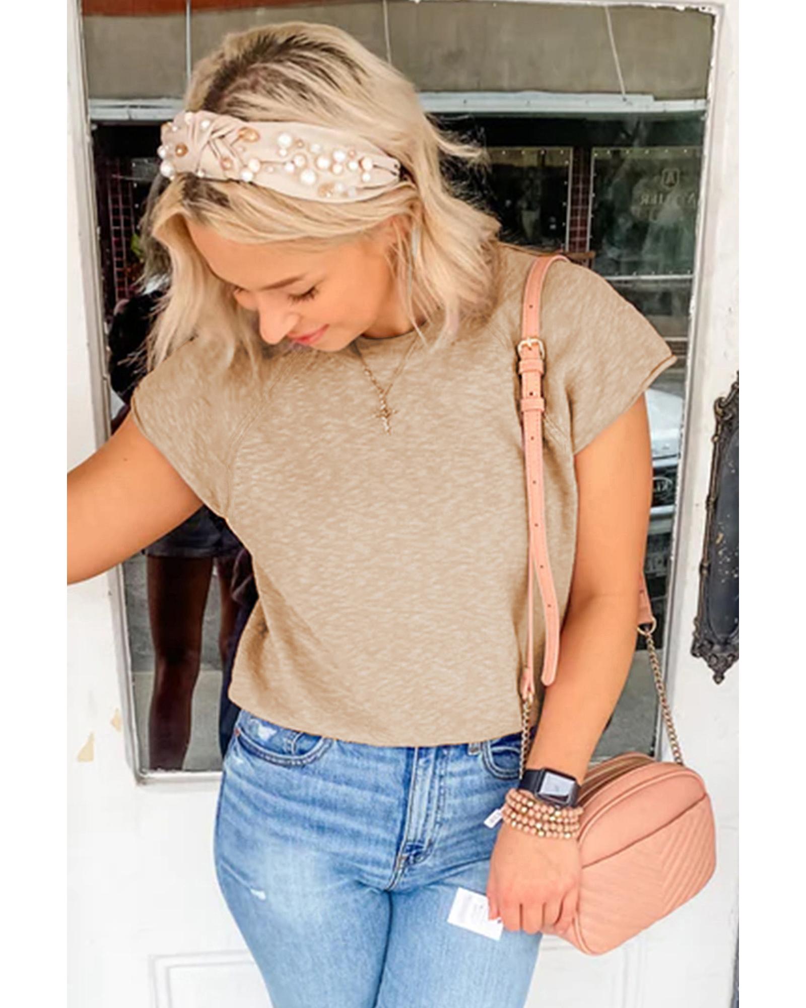 V539-AZEXDC2724492-P7016-L-202508300510-00 Smoke Gray Ribbed Raglan Short Sleeve Sweater - L - Image 1