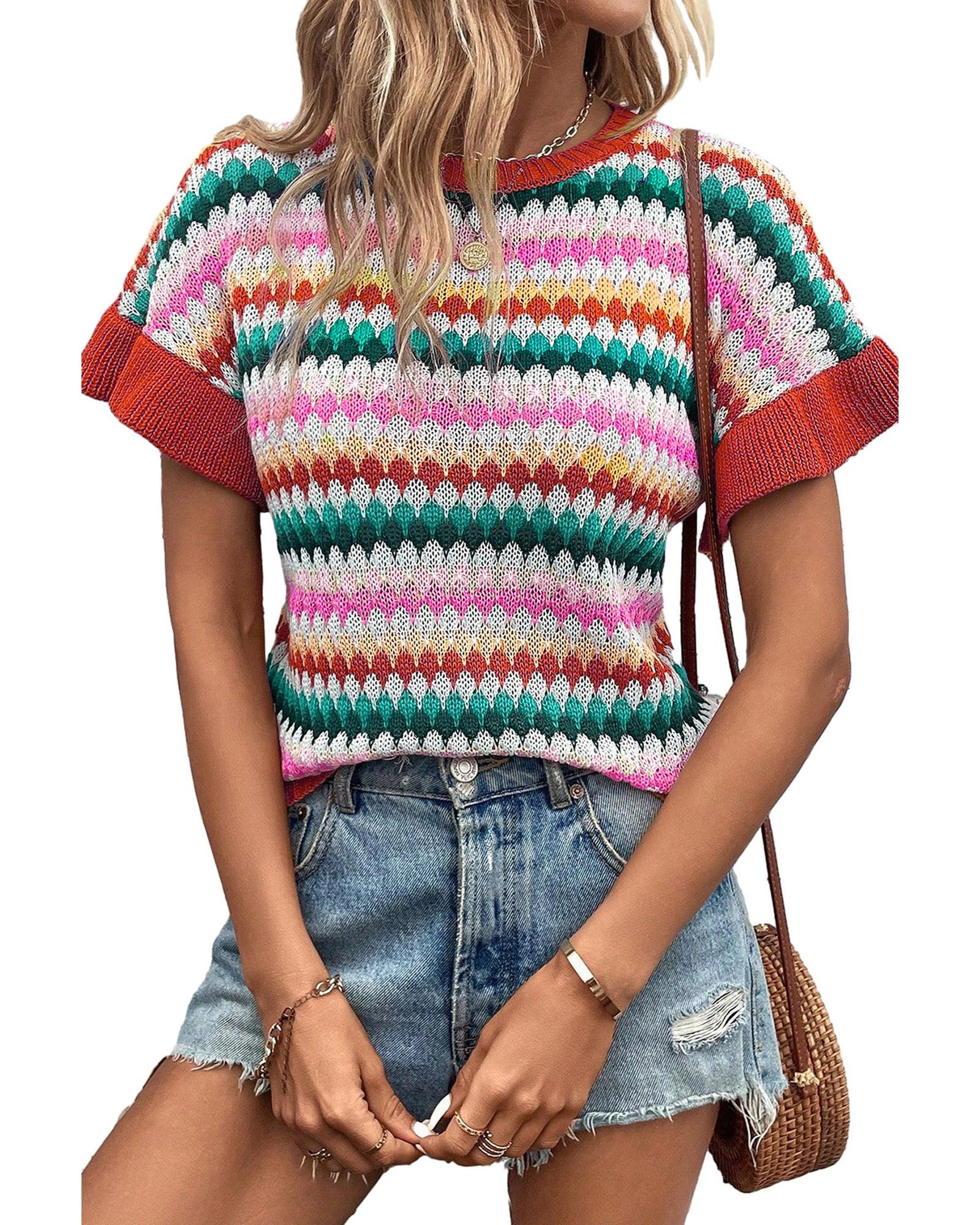 V539-AZEXDC2724522-P3-M-202508290050-00 Fiery Red Trimmed Ruffle Sleeve Colorful Textured Sweater - M - Image 1