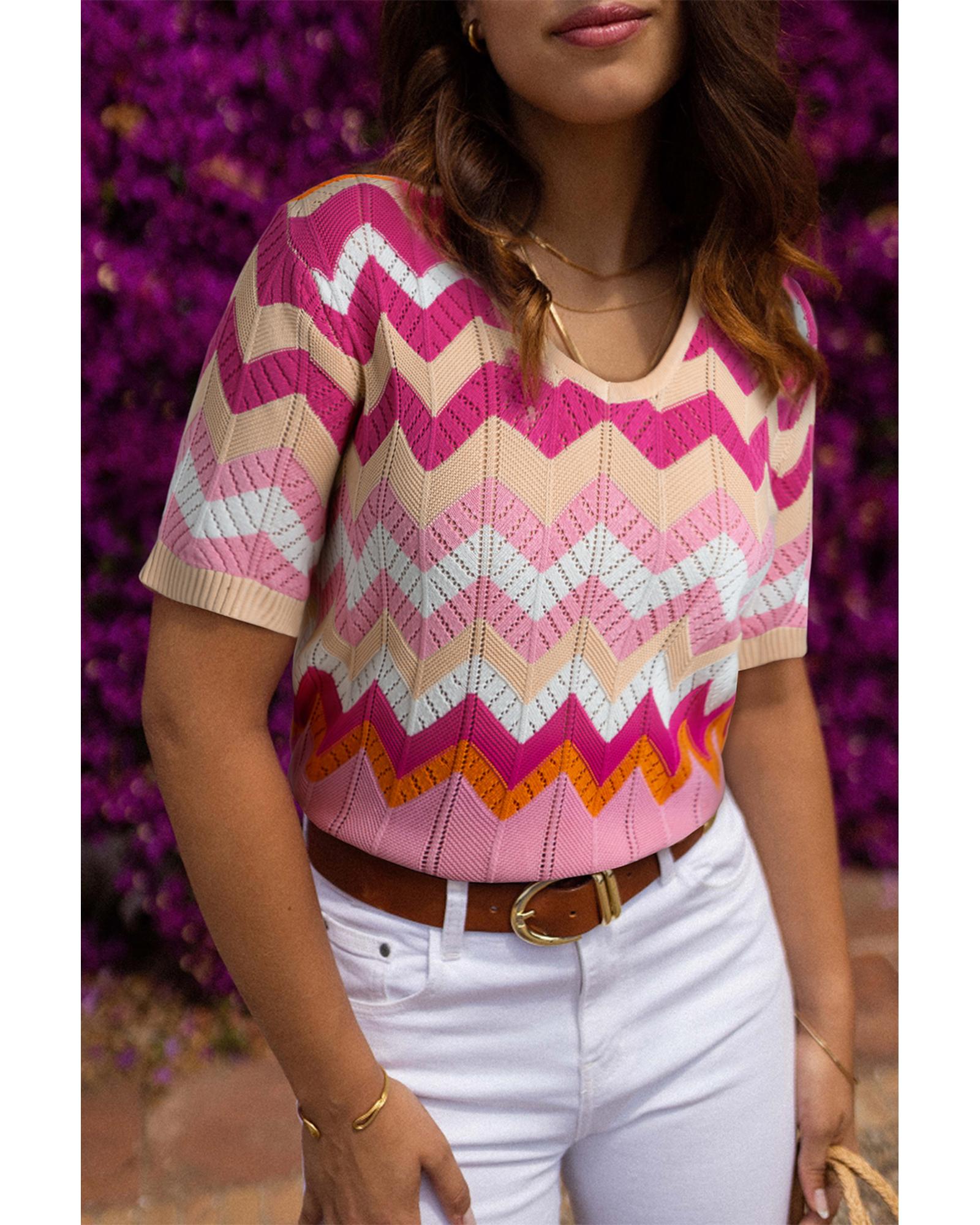 V539-AZEXDC2724563-P1019-S-202506191810-00 Pink Stripe Chevron Pointelle Knit V Neck Short Sleeve Sweater - S - Image 1