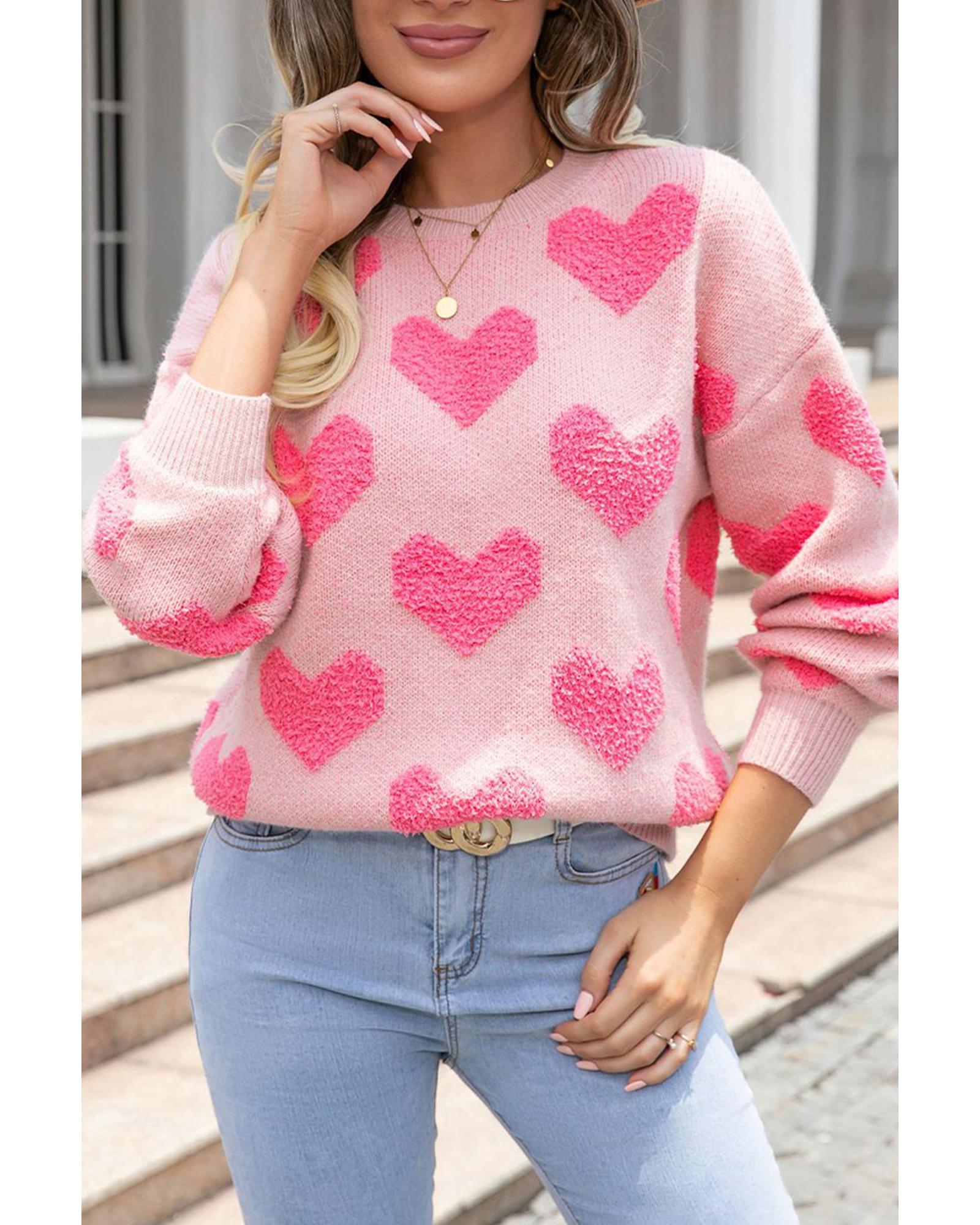 V539-AZEXDC2724596-P1010-M-202508300635-00 Light Pink Valentine�s Day Heart Jacquard Knit Sweater - M - Image 1