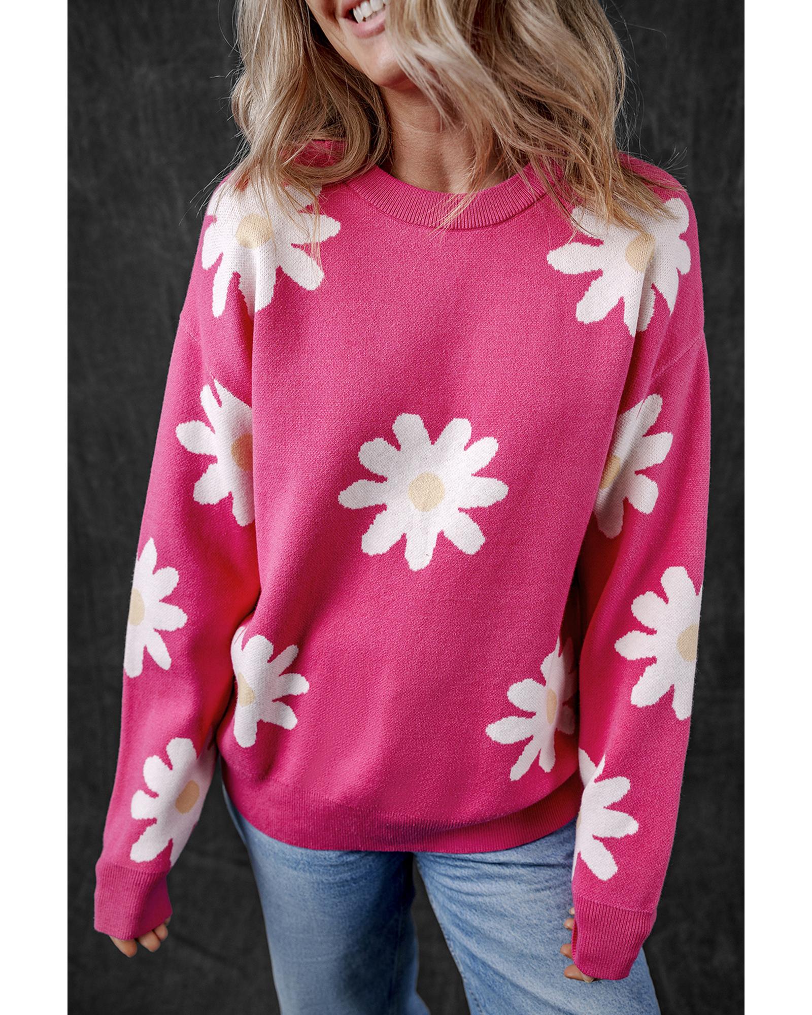 V539-AZEXDC2724675-P106-XL-202508281635-00 Bright Pink Daisy Flower Crew Neck Long Sleeve Sweater - XL - Image 1