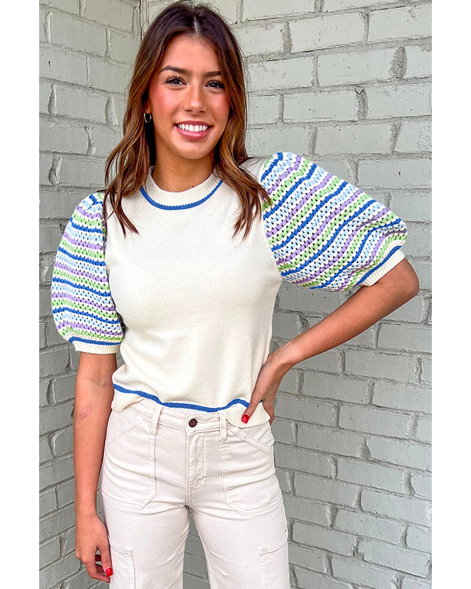 V539-AZEXDC2724778-P120-M-202508281115-00 White Crochet Striped Bubble Sleeve Knit Sweater - M - Image 1