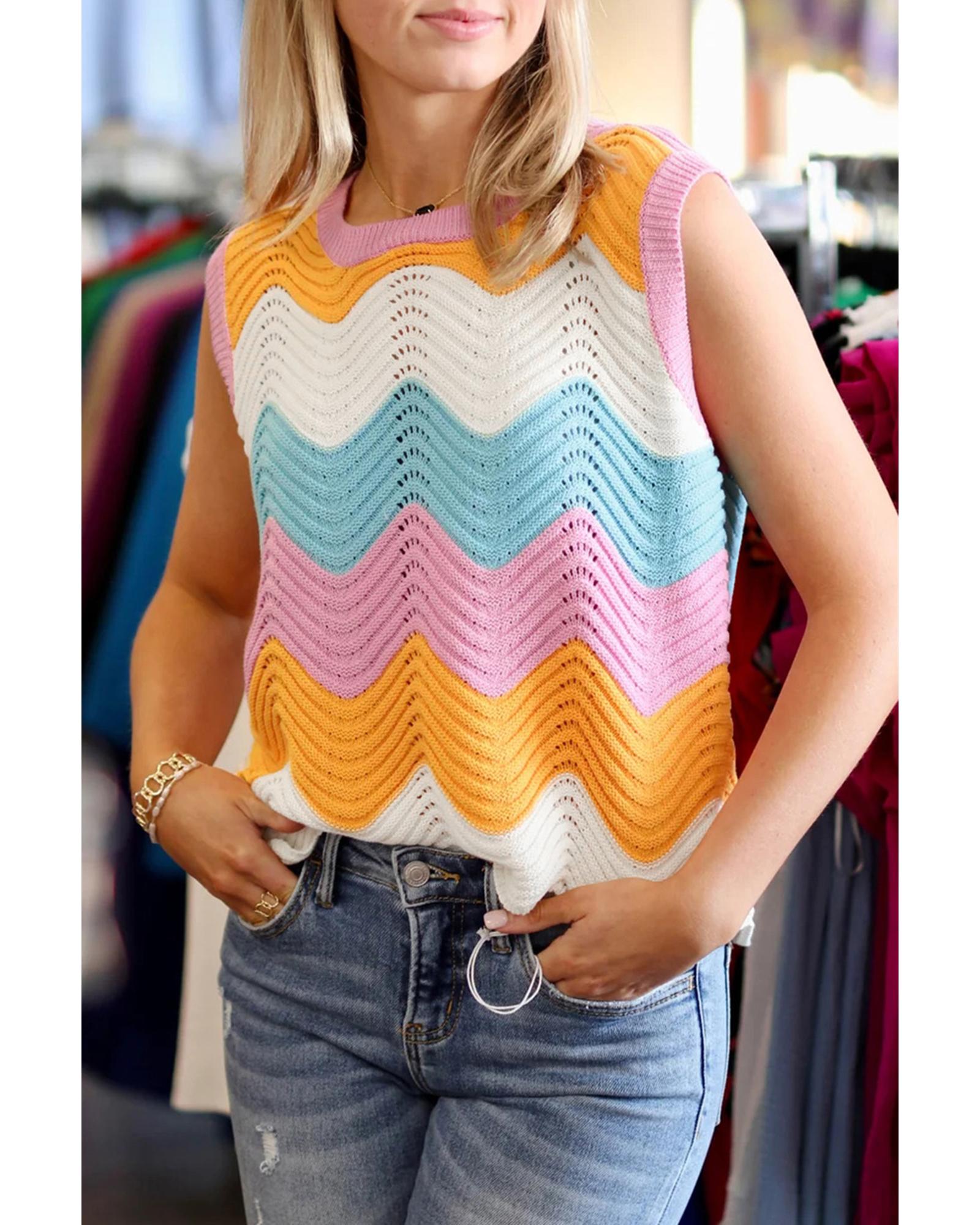 V539-AZEXDC2724814-P22-M-202508300255-00 Multicolour Striped Colorblock Scalloped Hem Knitted Vest - M - Image 1