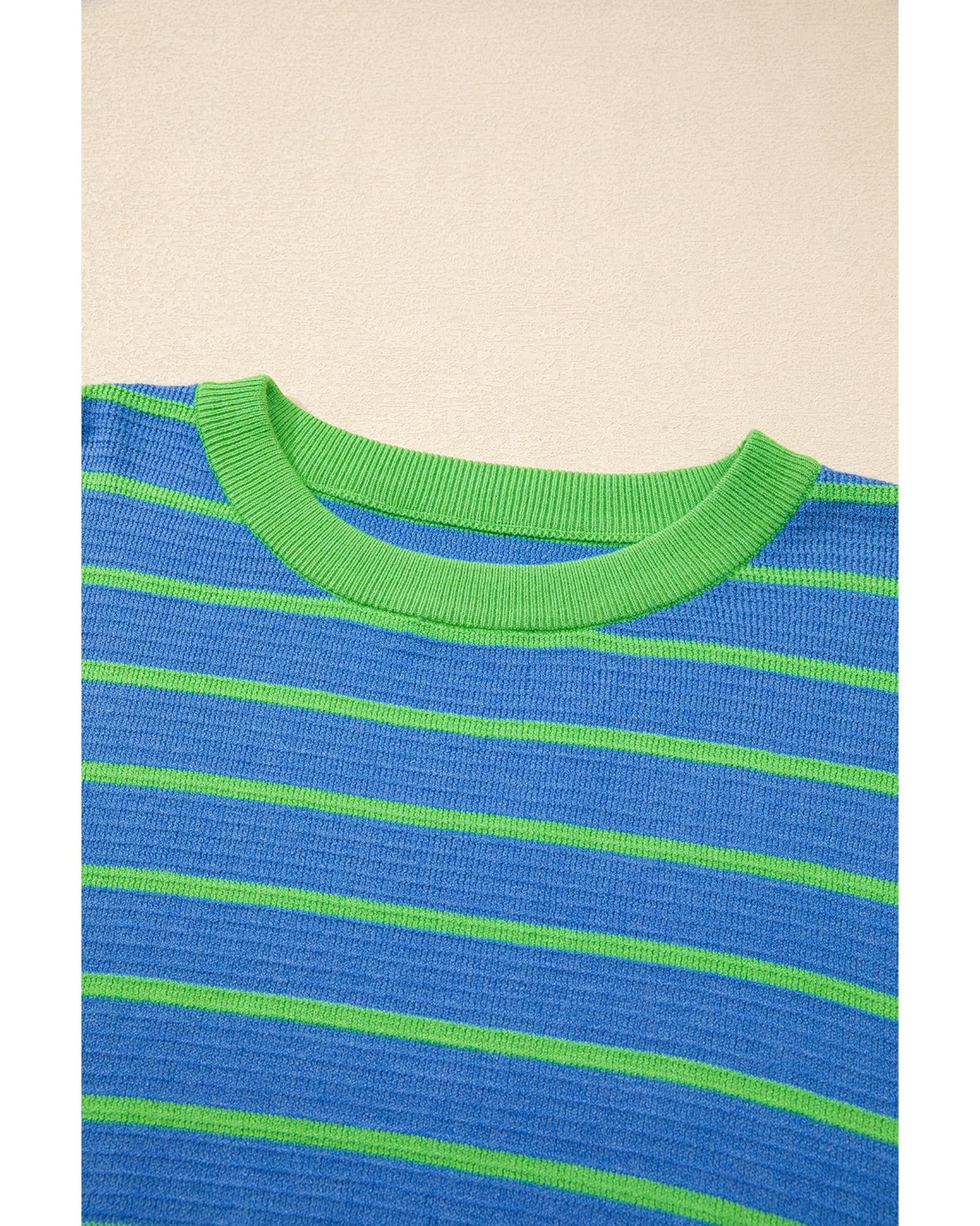 V539-AZEXDC2724825-P419-L-202508300225-00 Sky Blue Stripe Trimmed Round Neck Drop Shoulder Loose Sweater - L - Image 1