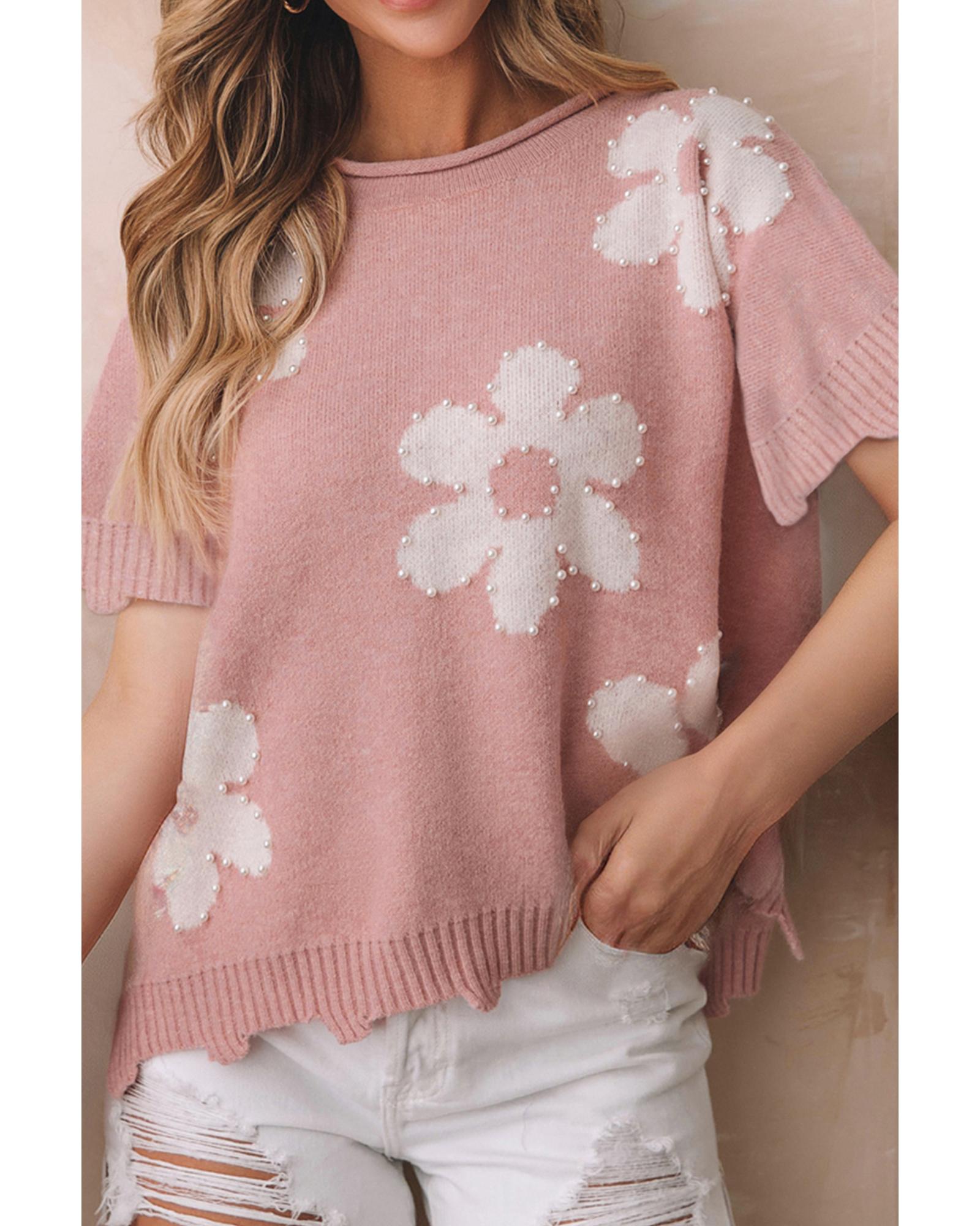 V539-AZEXDC2724830-P1010-S-202506132226-00 Light Pink Pearled Flower Distressed Edge Sweater T Shirt - S - Image 1