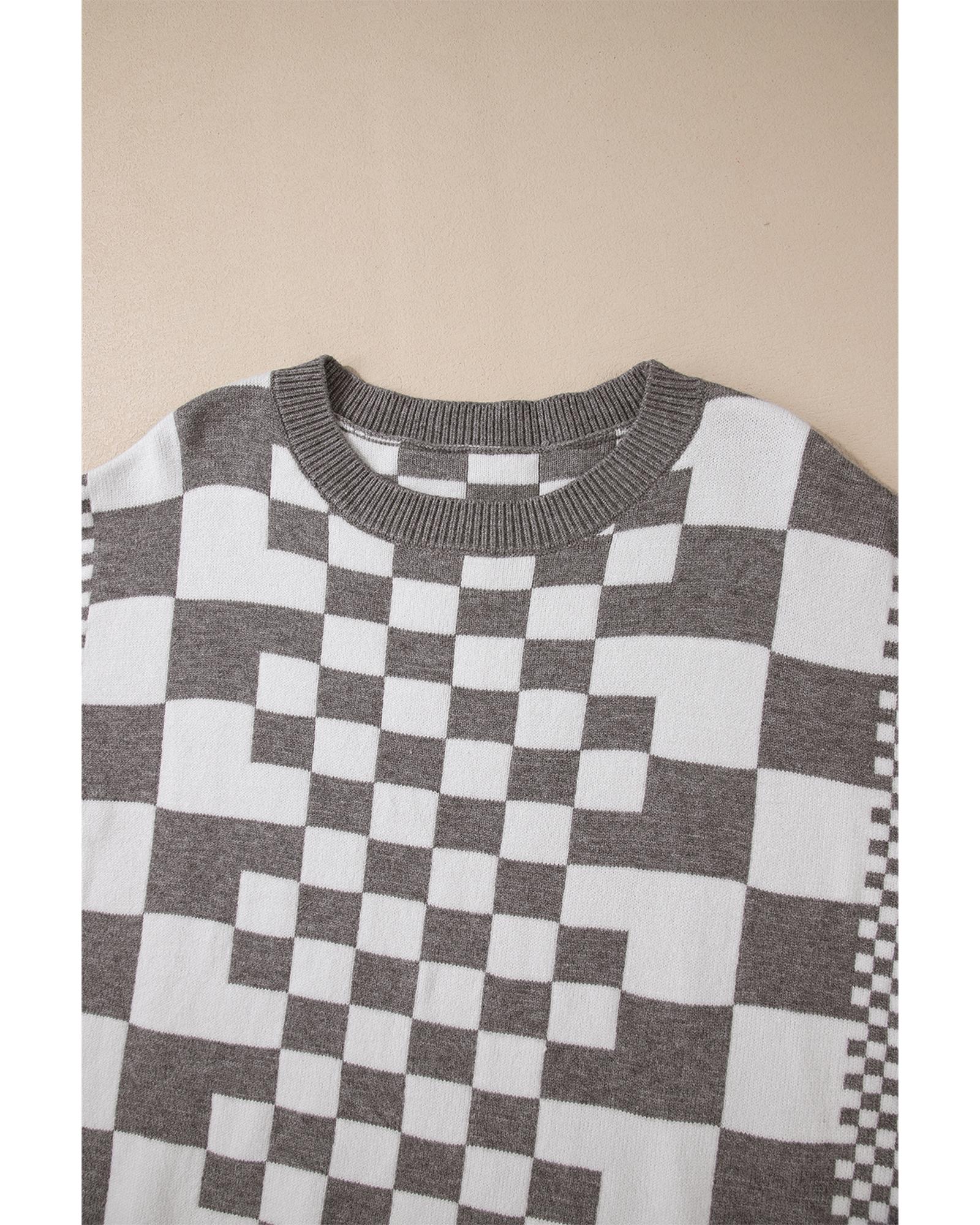 V539-AZEXDC2724831-P1122-L-202508281535-00 Gray Checkered Print Drop Shoulder Round Neck Sweater - L - Image 1