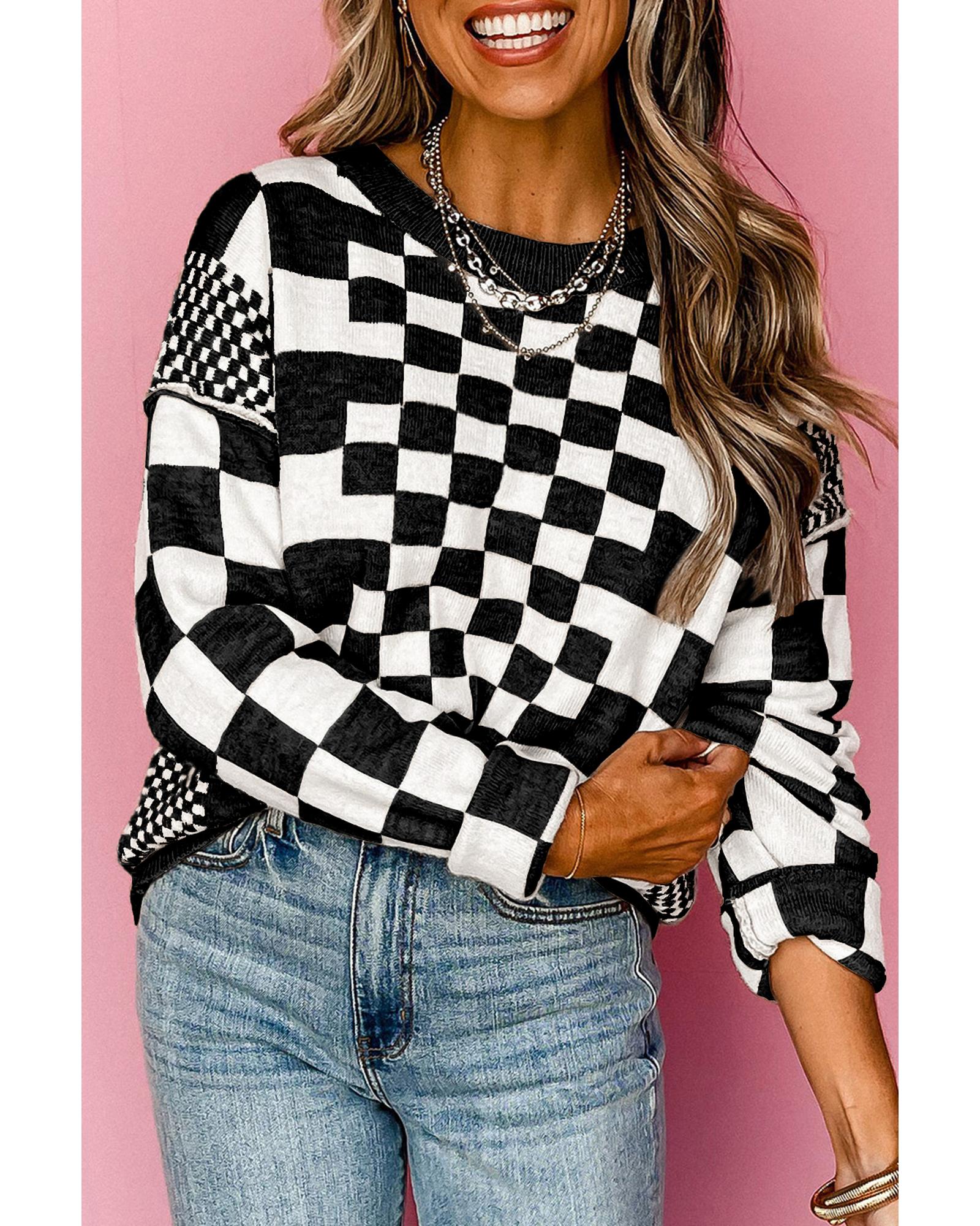 V539-AZEXDC2724831-P222-M-202506132231-00 Black Checkered Print Drop Shoulder Round Neck Sweater - M - Image 1