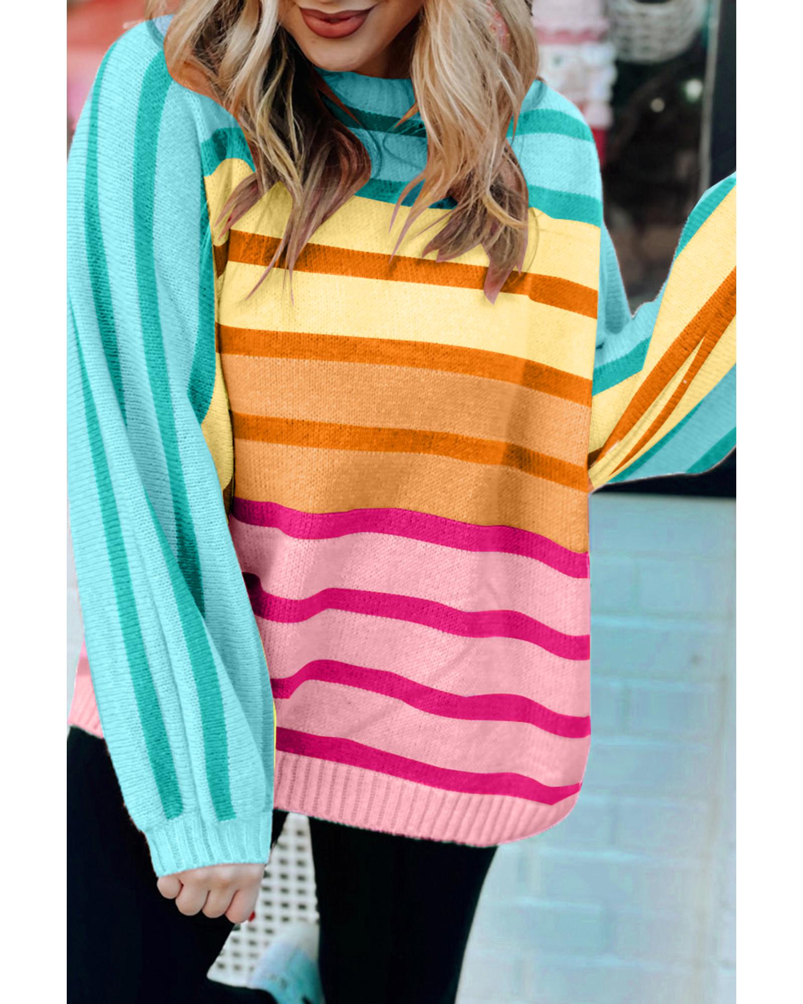V539-AZEXDC2724871-P719-L-202508281000-00 Yellow Stripe Gradient Striped Ribbed Edge Loose Sweater - L - Image 1