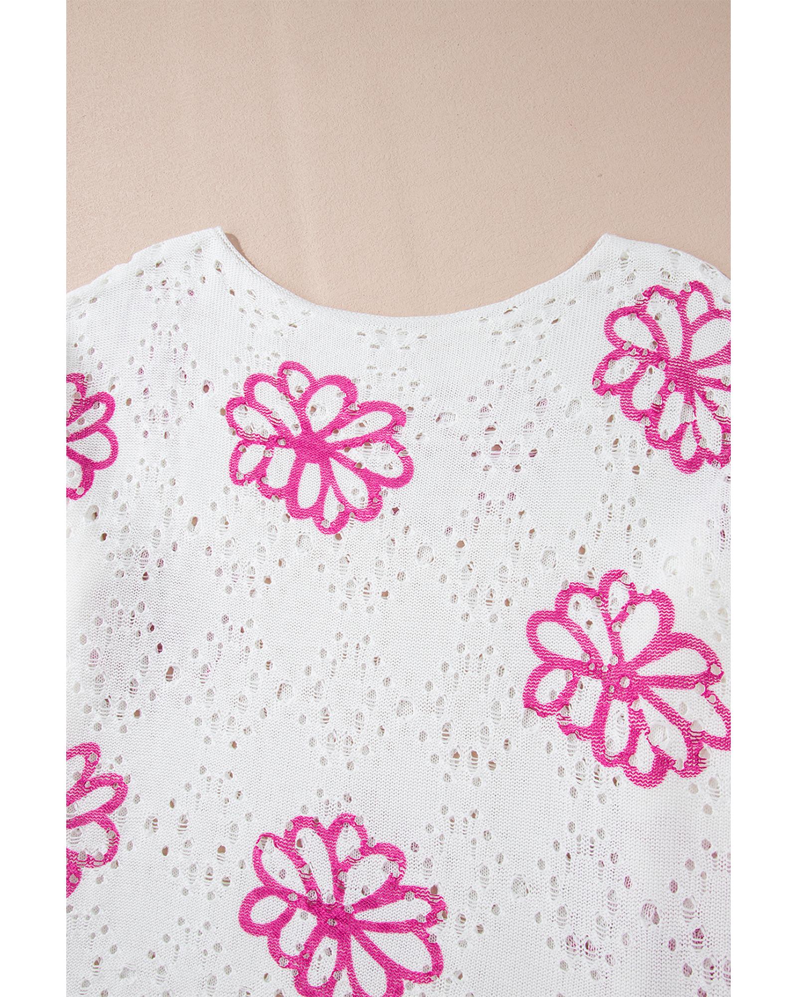 V539-AZEXDC2724901-P1-XL-202508300215-00 White Contrast Flower Print Eyelet Drop Shoulder Sweater - XL - Image 1