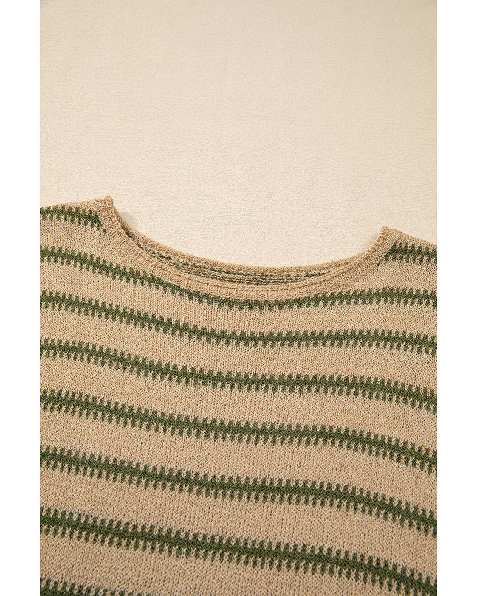 V539-AZEXDC2724967-P1619-S-202506132320-00 Khaki Stripe Drop Shoulder Casual Sweater - S - Image 1