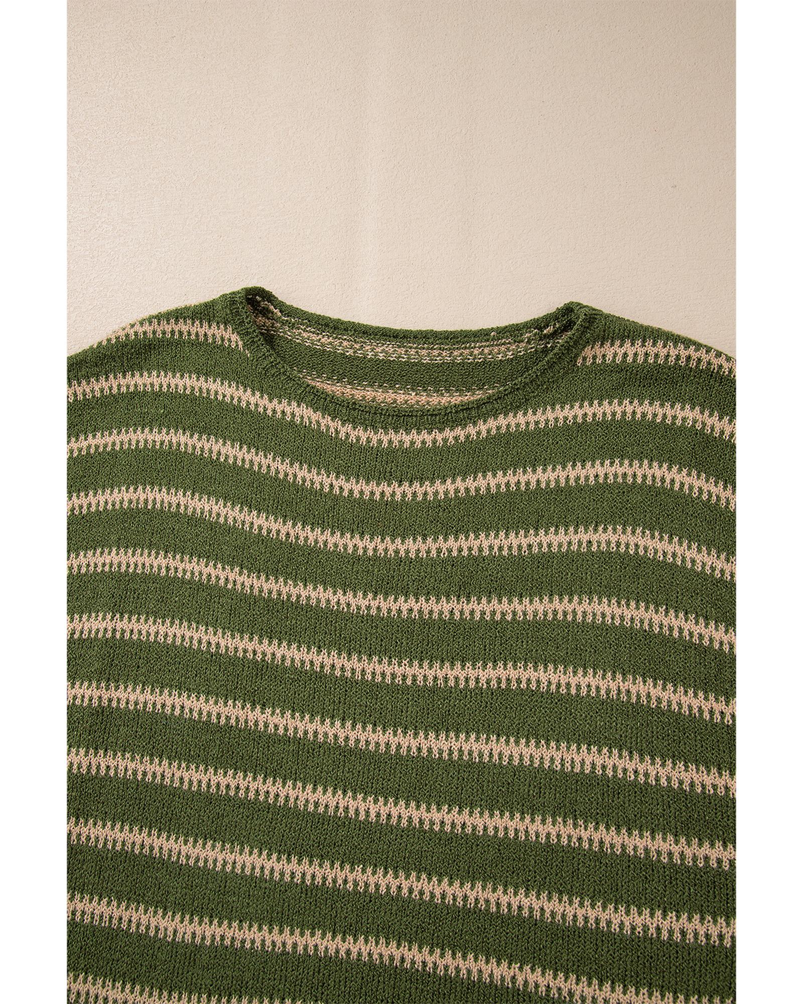 V539-AZEXDC2724967-P919-M-202508281635-00 Green Stripe Drop Shoulder Casual Sweater - M - Image 1