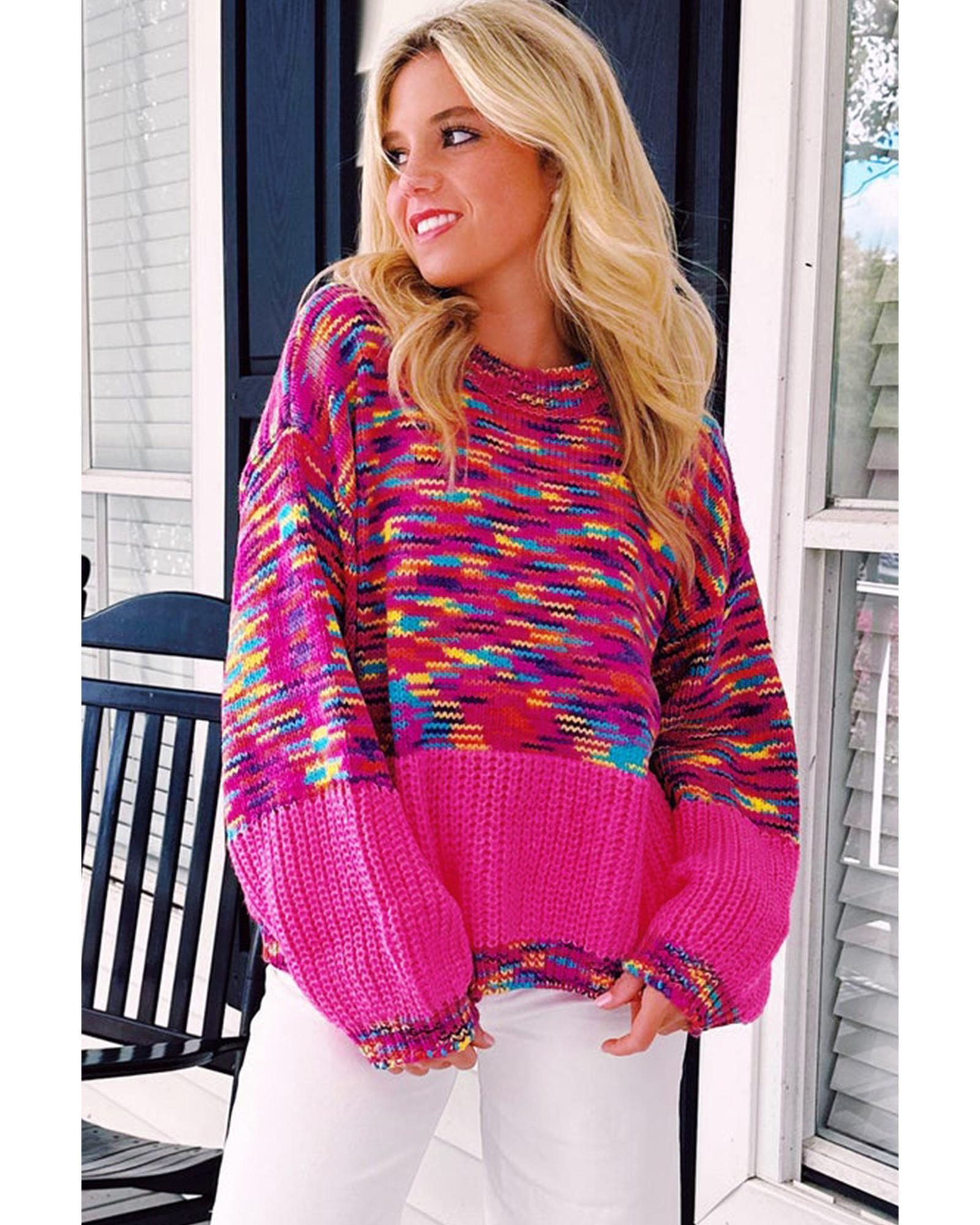 V539-AZEXDC2724981-P106-M-202508282350-00 Bright Pink Rainbow Confetti Drop Shoulder Sweater - M - Image 1