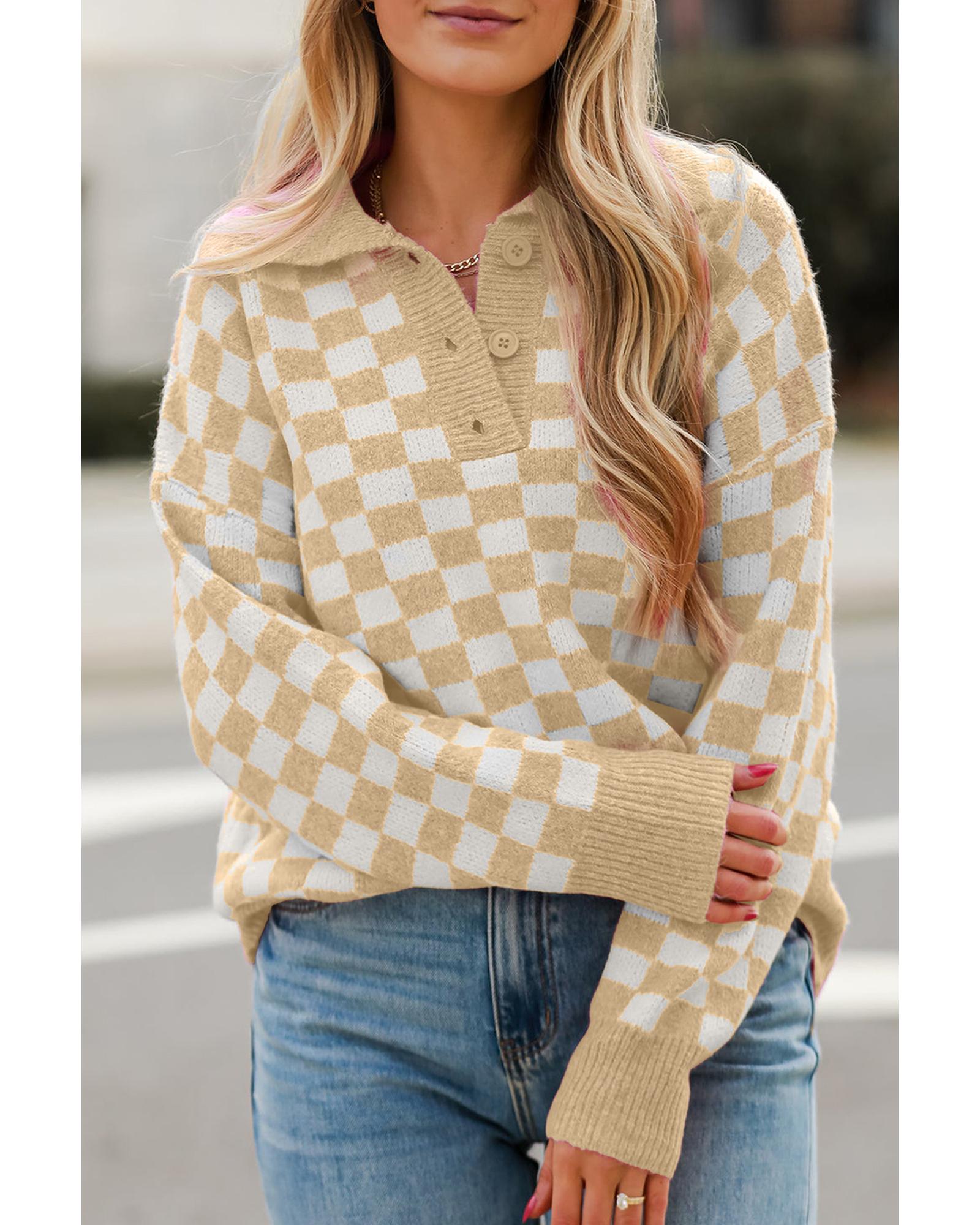 V539-AZEXDC2724988-P1822-L-202508292125-00 Apricot Checkered Buttons Collar V Neck Drop Shoulder Sweater - L - Image 1