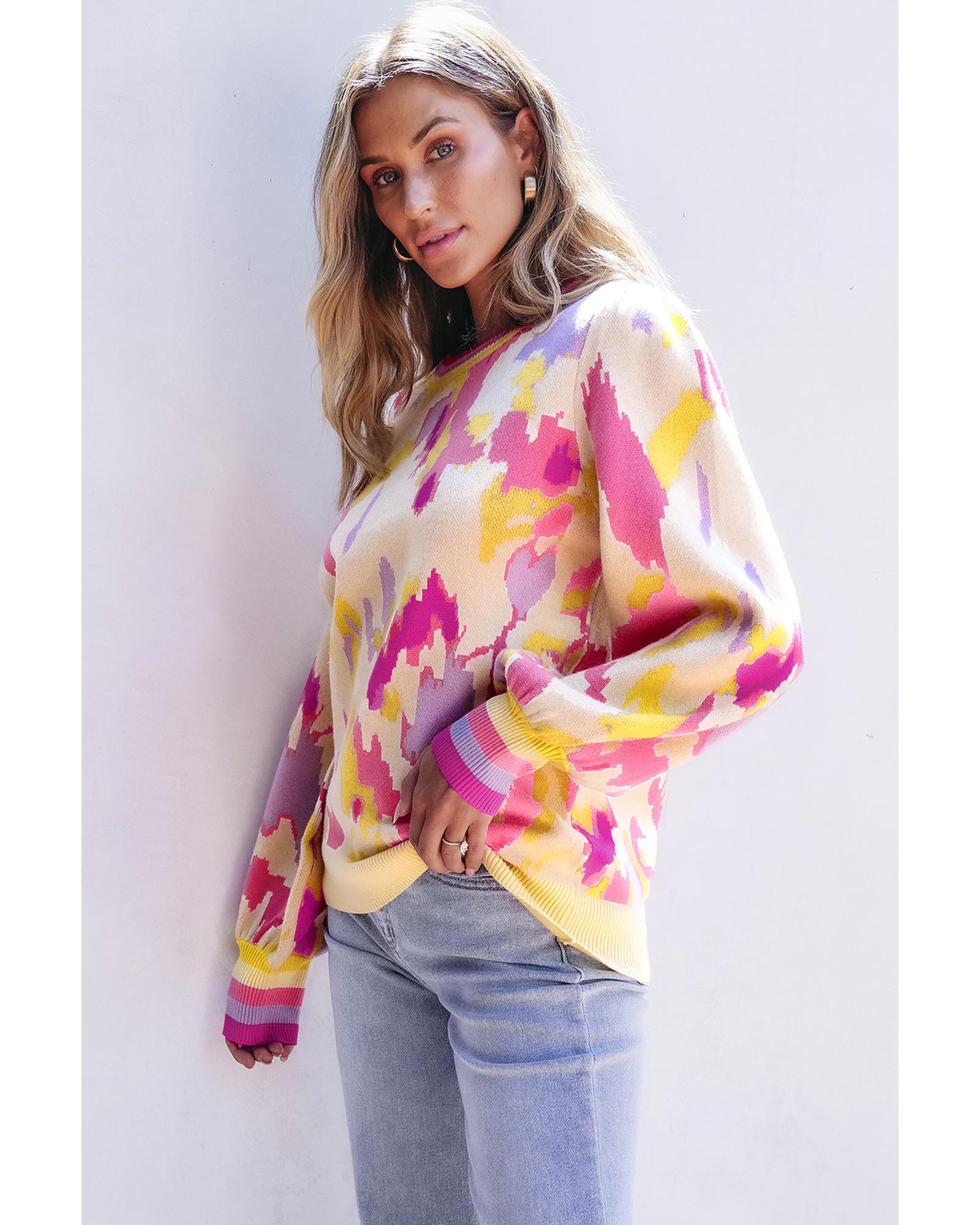 V539-AZEXDC2725085-P1622-XL-202508290100-00 Khaki Abstract Print Colorblock Balloon Sleeve Sweater - XL - Image 1