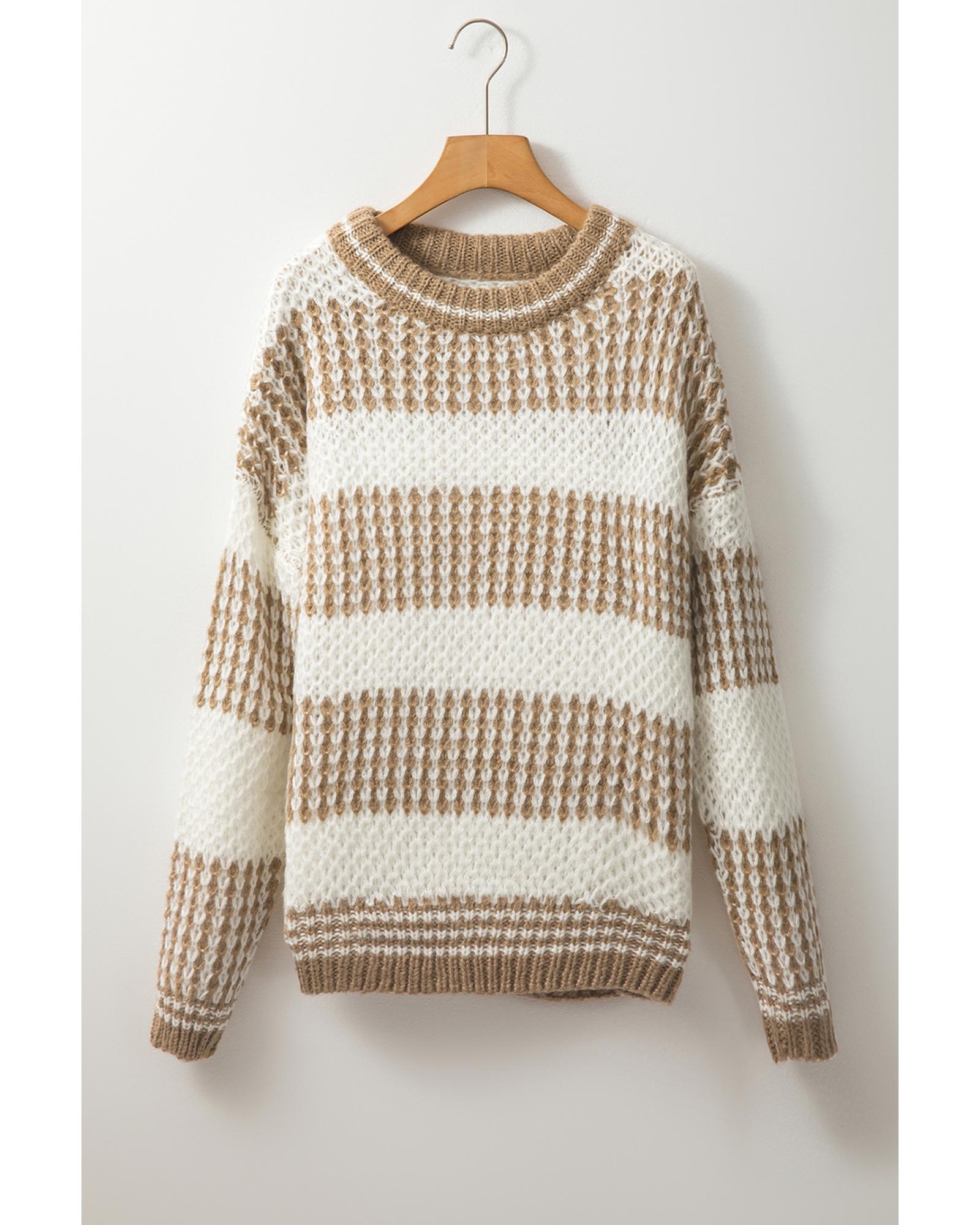 V539-AZEXDC2725093-P1719-XL-202508291540-00 Brown Stripe Drop Shoulder Round Neck Loose Sweater - XL - Image 1