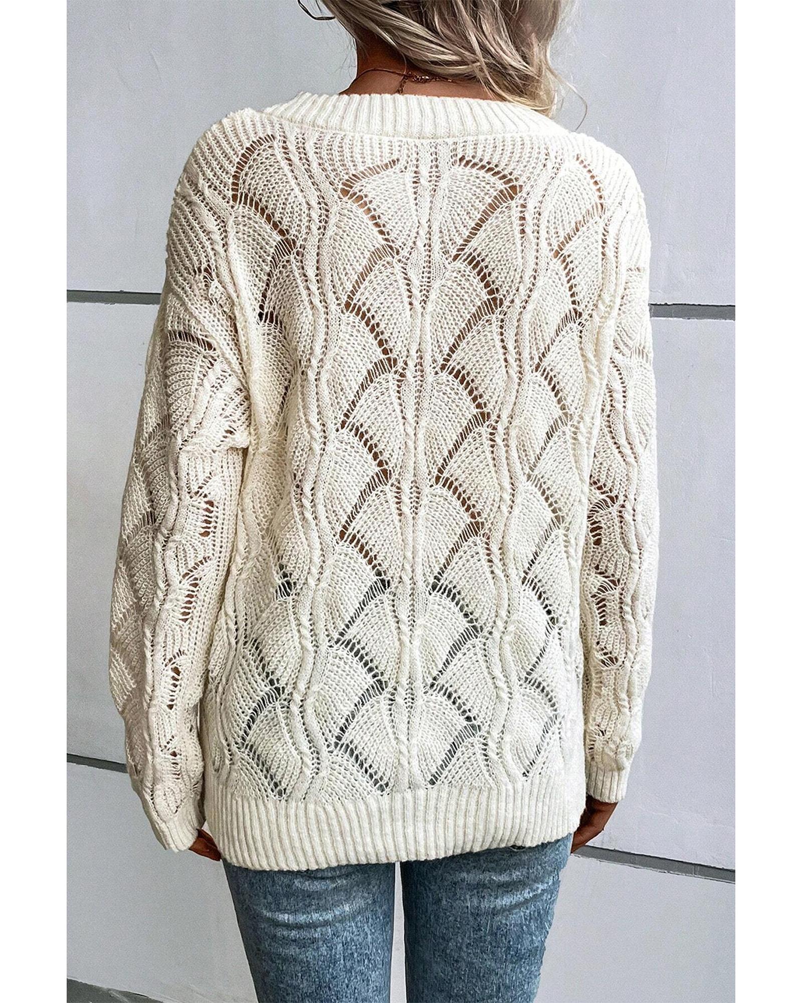 V539-AZEXDC2725100-P15-XL-202508292235-00 Beige Hollow Out Knit V Neck Drop Shoulder Sweater - XL - Image 1