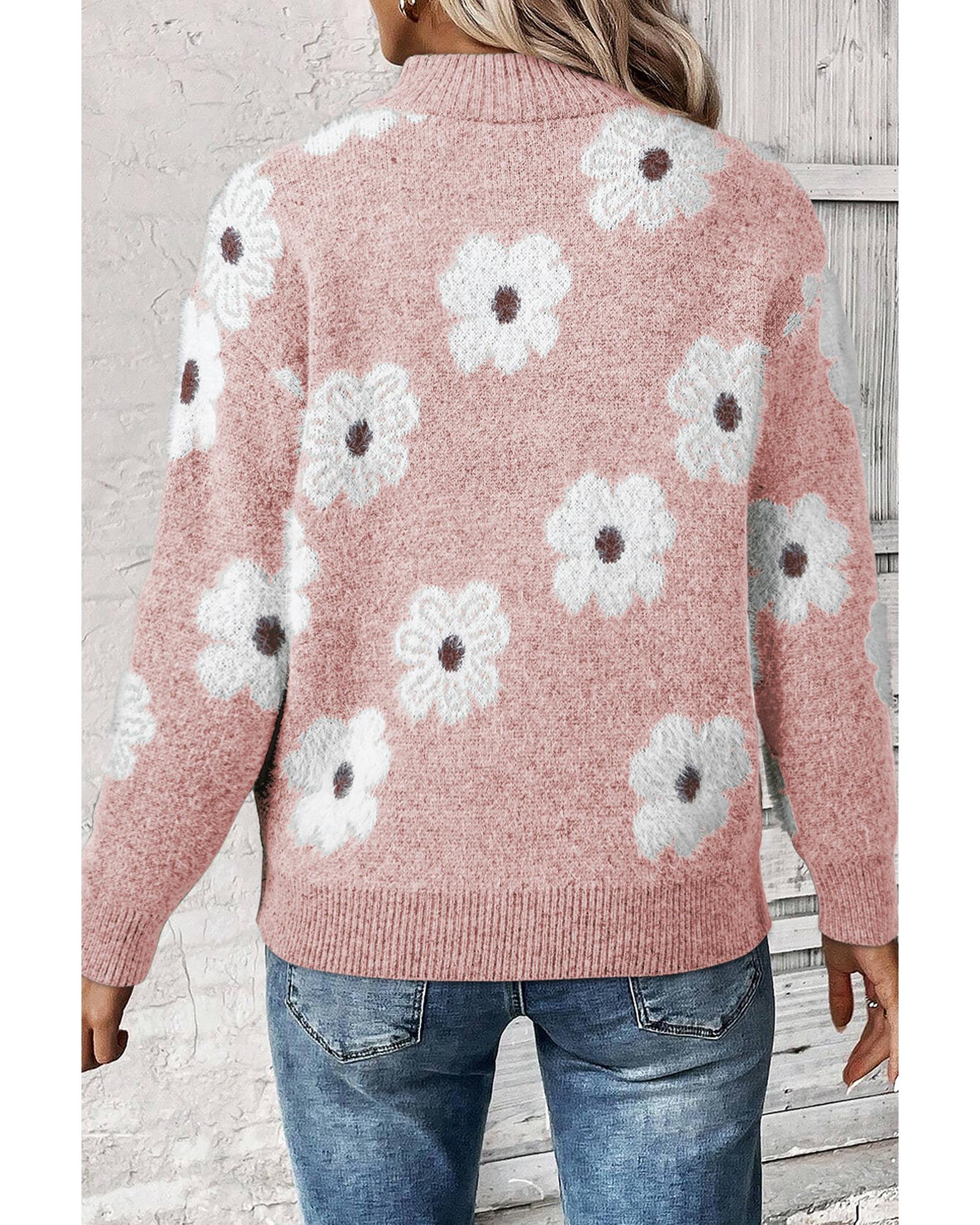 V539-AZEXDC2725102-P1022-L-202508300035-00 Pink Floral Pattern Half Zip Drop Shoulder Sweater - L - Image 1