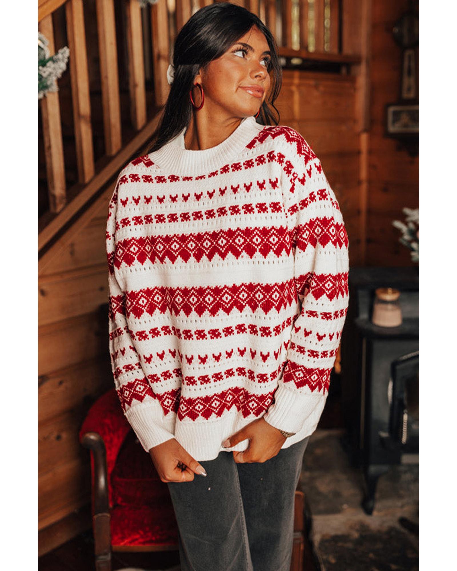 V539-AZEXDC2725240-P122-XL-202508281040-00 White Western Geometric Patterned Crew Neck Loose Sweater - XL - Image 1