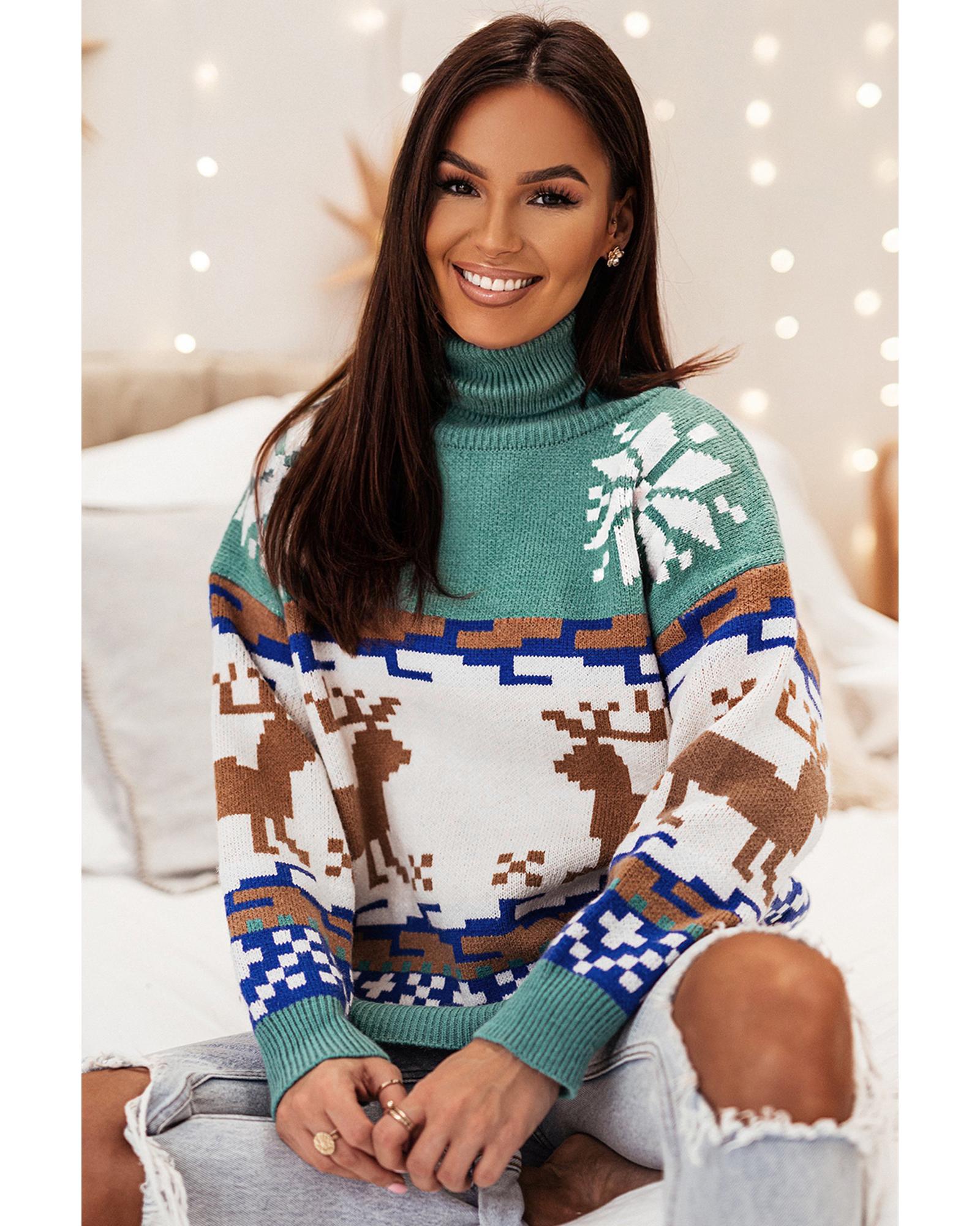 V539-AZEXDC2725246-P2609-M-202508290255-00 Canton Christmas Reindeer Snowflake Colorblock Turtleneck Sweater - M - Image 1