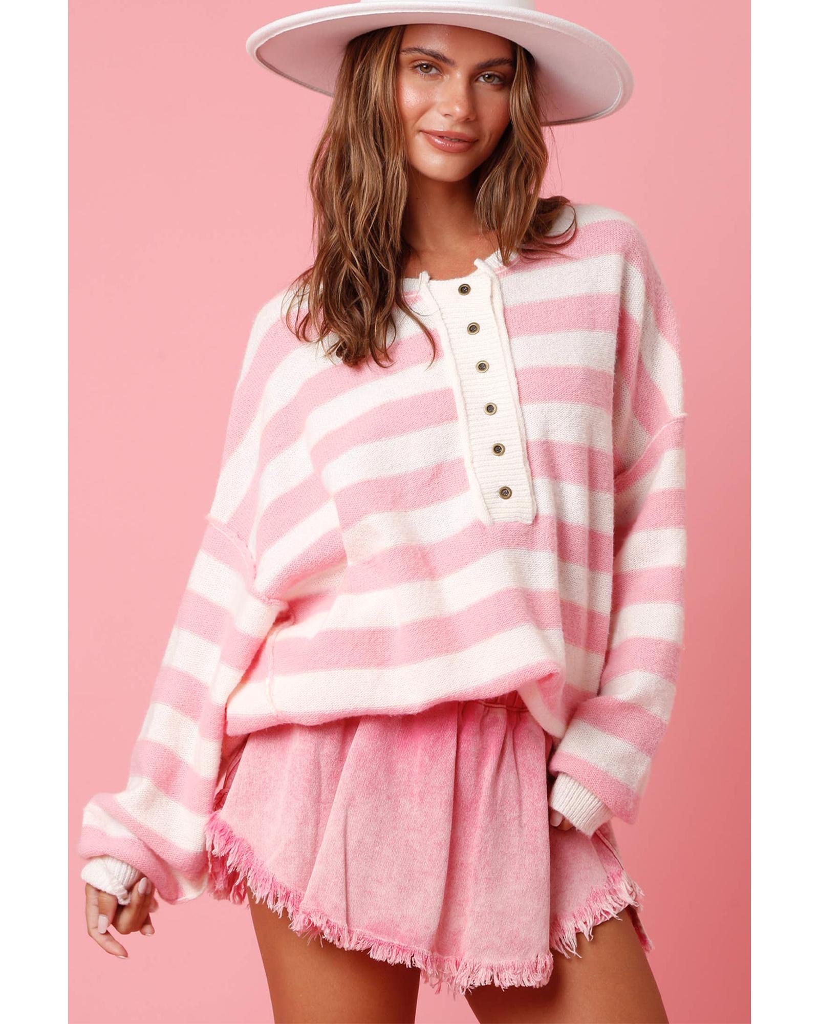 V539-AZEXDC2725301-P1019-L-202508281410-00 Pink Stripe Half Buttons Drop Shoulder Sweater - L - Image 1