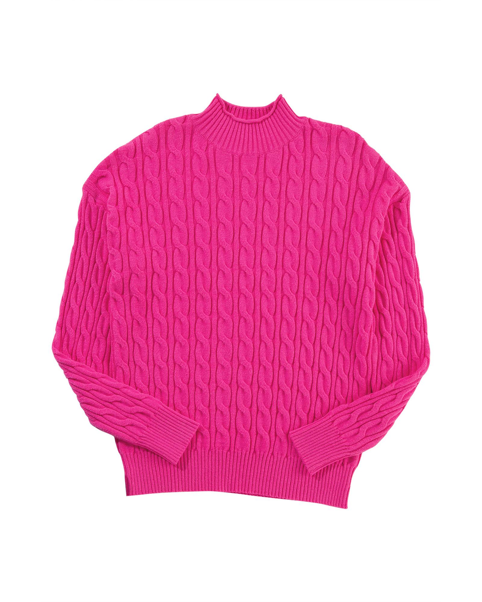 V539-AZEXDC2725308-P6-M-202508291425-00 Rose Red Solid Cable Knit High Neck Drop Shoulder Sweater - M - Image 1