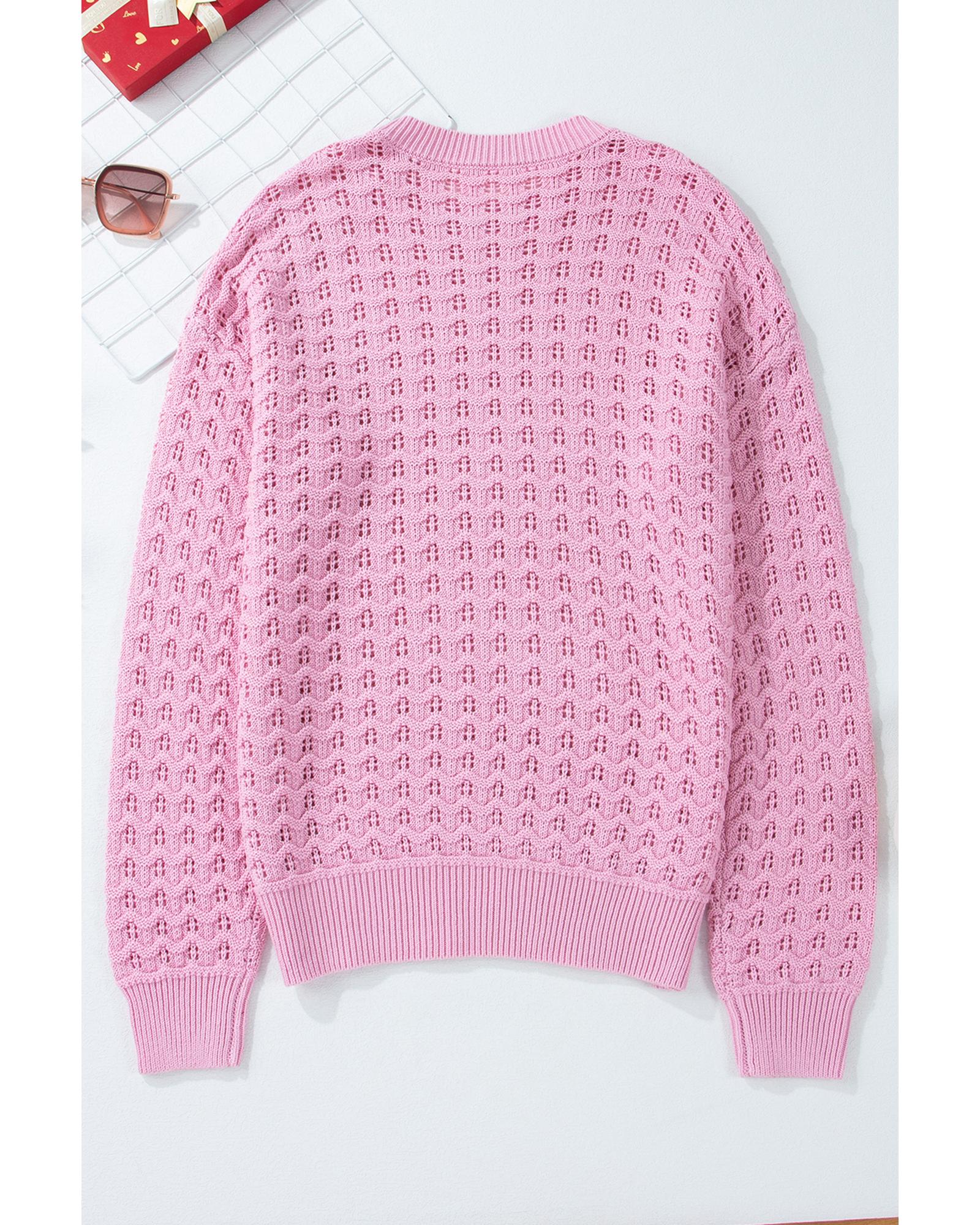 V539-AZEXDC2725377-P10-M-202508280040-00 Pink Crochet Knit Drop Shoulder Sweater - M - Image 1