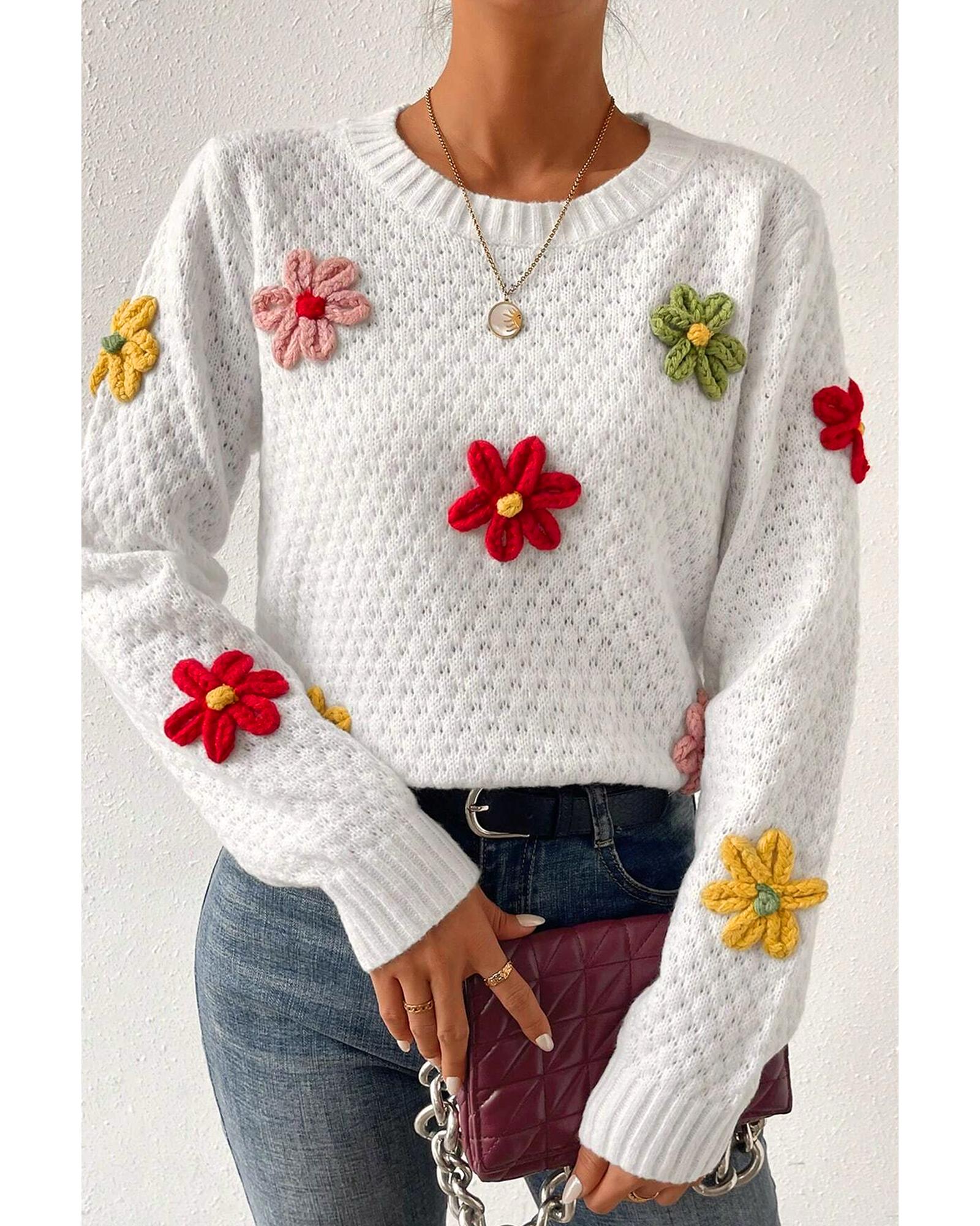 V539-AZEXDC2725378-P1-M-202508280535-00 White Colorful Flower Applique Textured Knit Sweater - M - Image 1