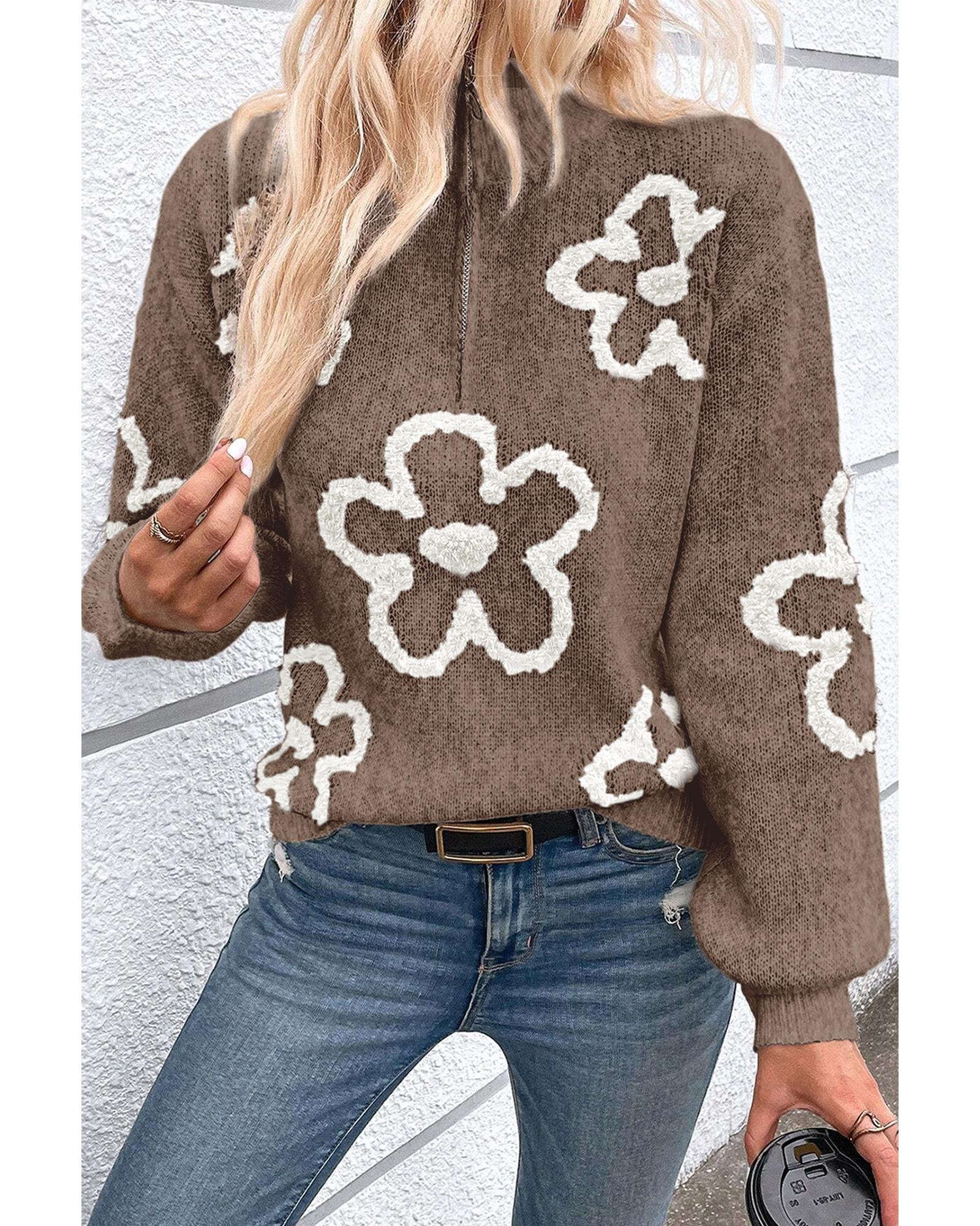 V539-AZEXDC2725387-P6016-XL-202508281815-00 Parchment Contrast Flower Half Zipper Stand Neck Sweater - XL - Image 1