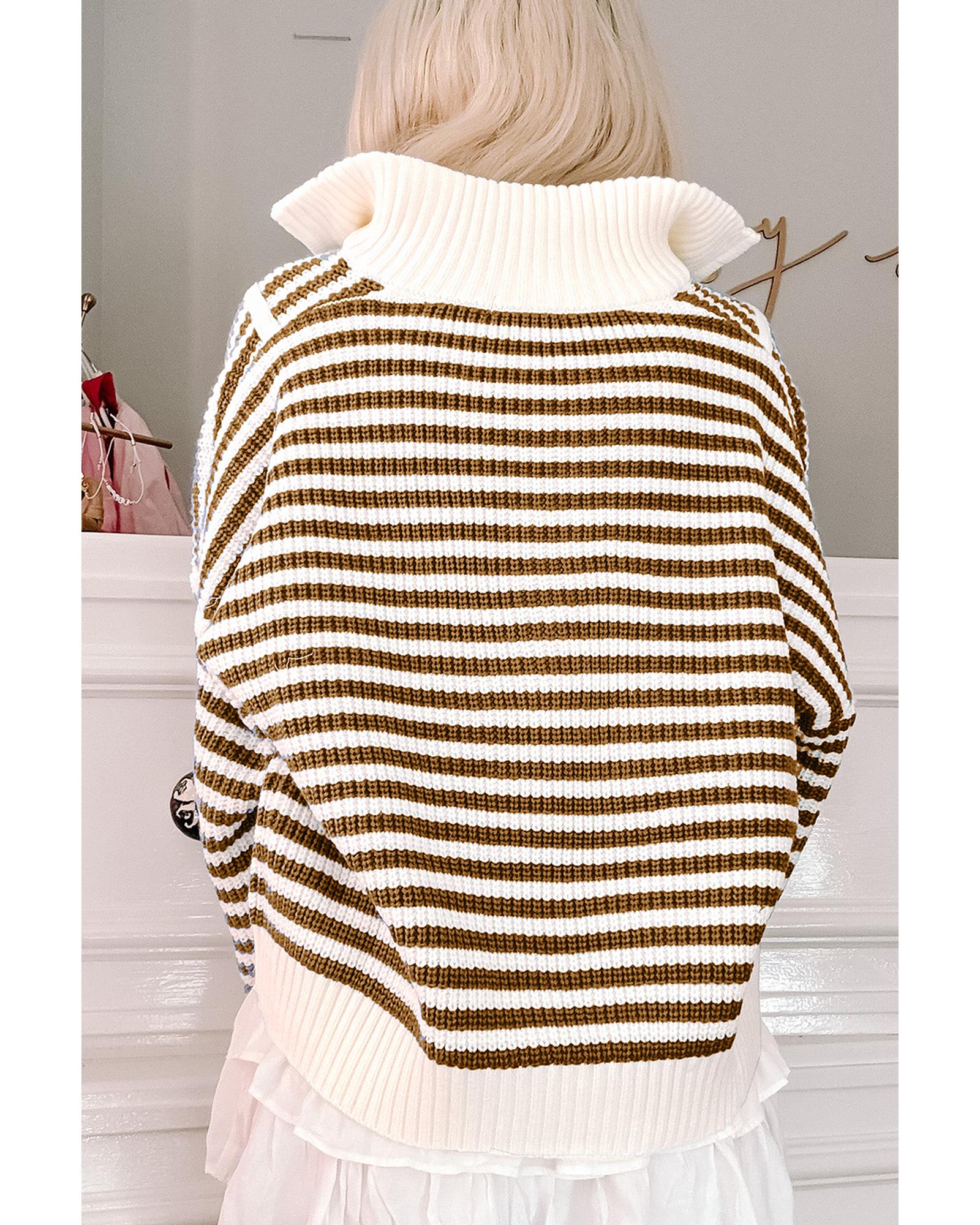 V539-AZEXDC2725432-P1619-L-202506132216-00 Khaki Stripe Zip up Collar Drop Shoulder Sweater - L - Image 1