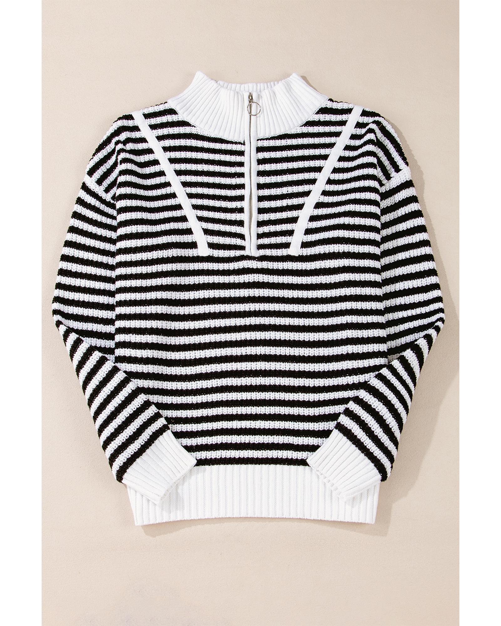V539-AZEXDC2725432-P219-M-202508280140-00 Black Stripe Zip up Collar Drop Shoulder Sweater - M - Image 1