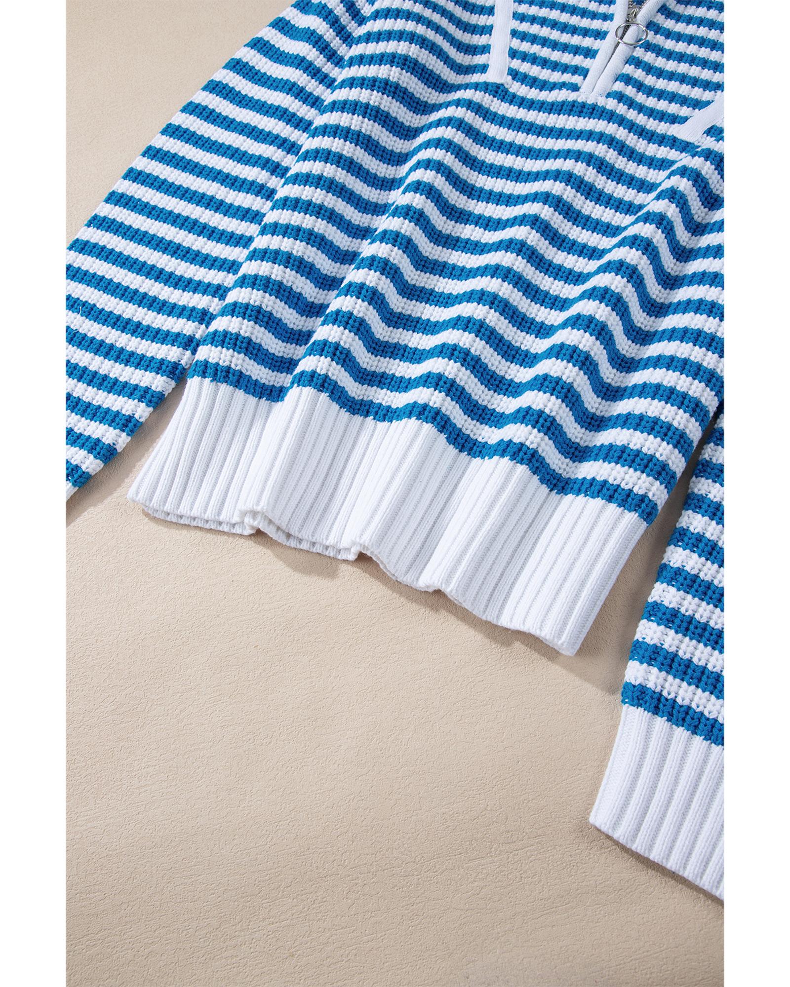 V539-AZEXDC2725432-P419-XL-202508281250-00 Sky Blue Stripe Zip up Collar Drop Shoulder Sweater - XL - Image 1